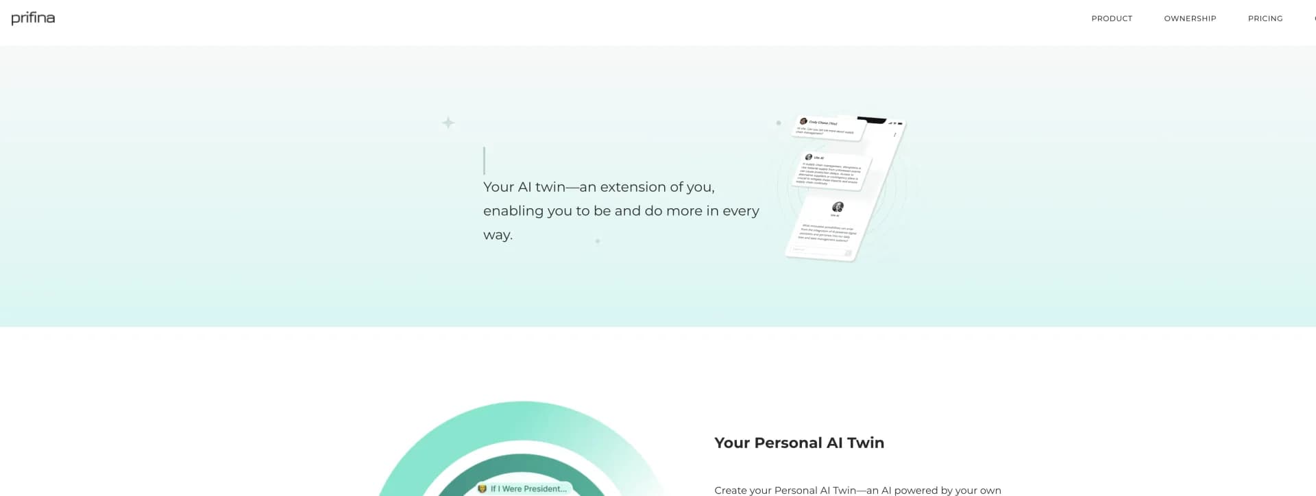 Prifina homepage screenshot — Create your Personal AI Twin to extend your capabilities.