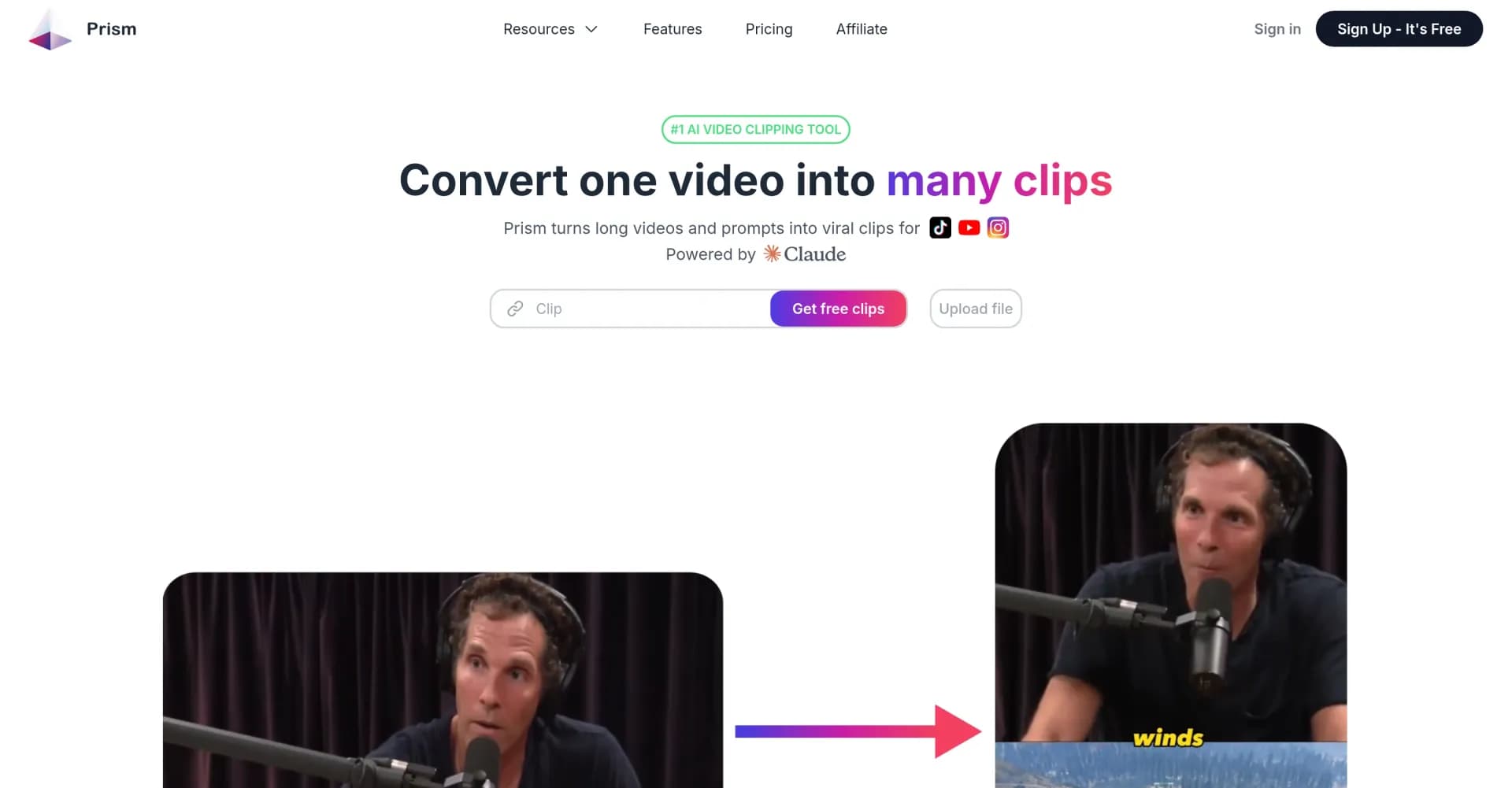 Prism Clips homepage screenshot — Convert long videos into viral short clips.