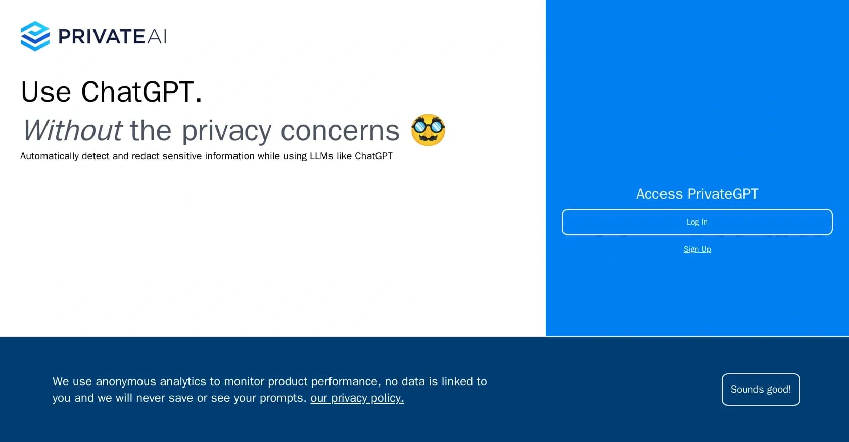 PrivateGPT homepage screenshot — Use ChatGPT without privacy concerns