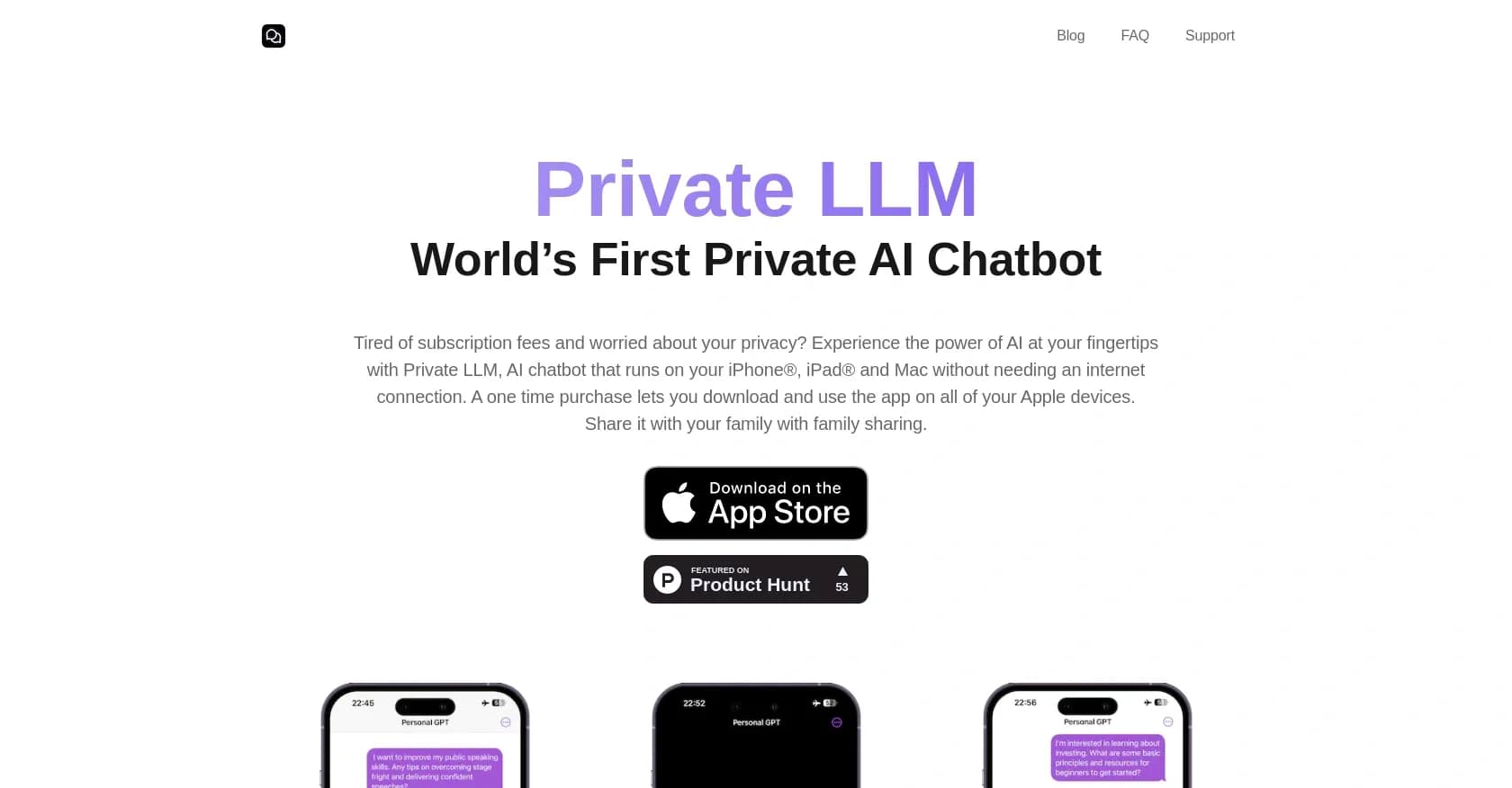 PrivateLLM homepage screenshot — Your private AI chatbot for Apple devices, offline and secur