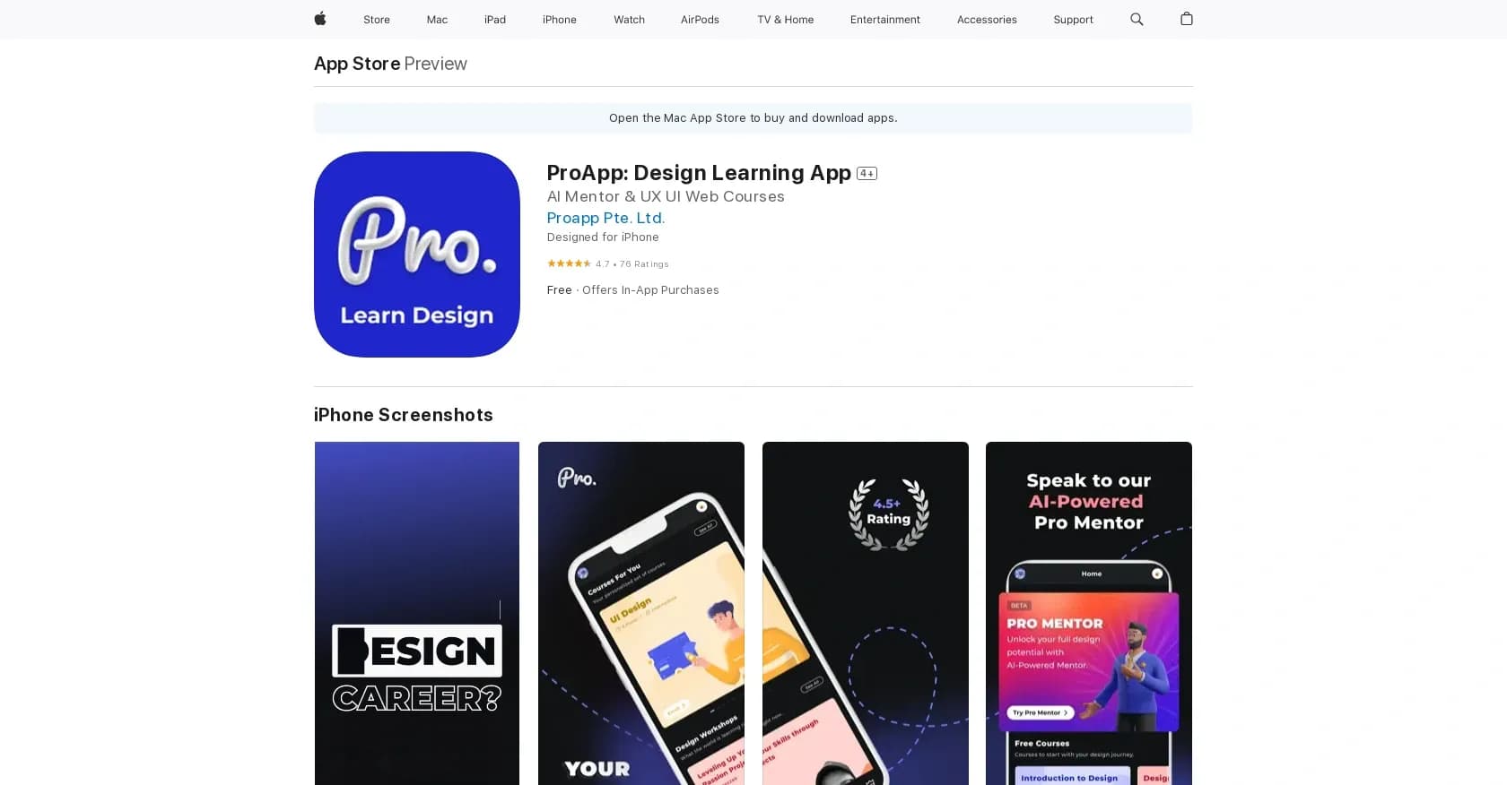 ProApp homepage screenshot — Improve design skills with educational materials.