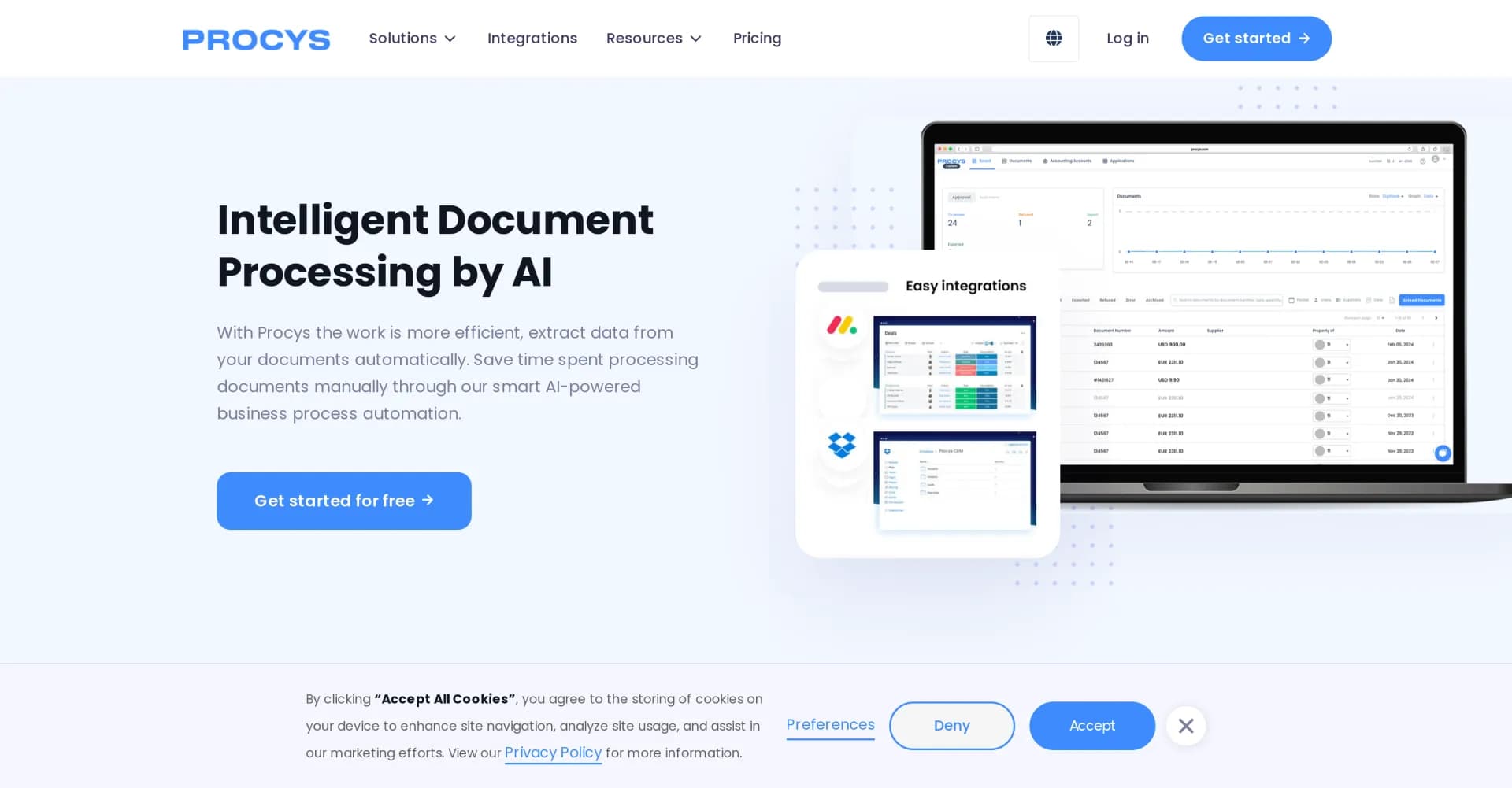 Procys homepage screenshot — AI-powered document processing for smarter workflows