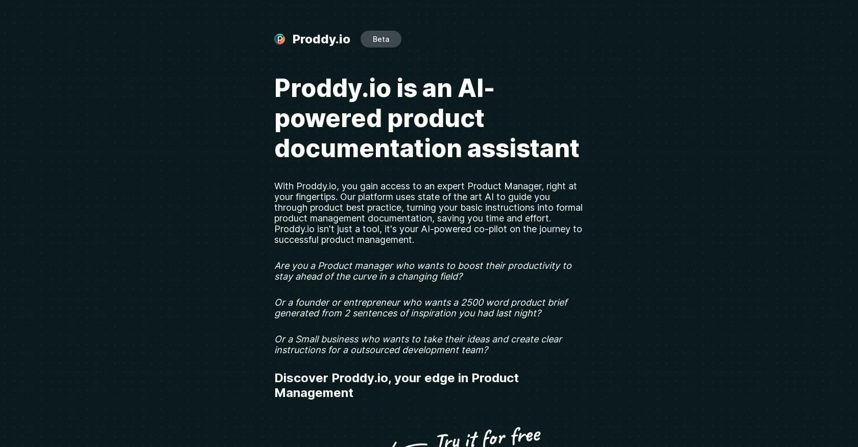Proddy homepage screenshot — AI-powered product management assistant for streamlined deve