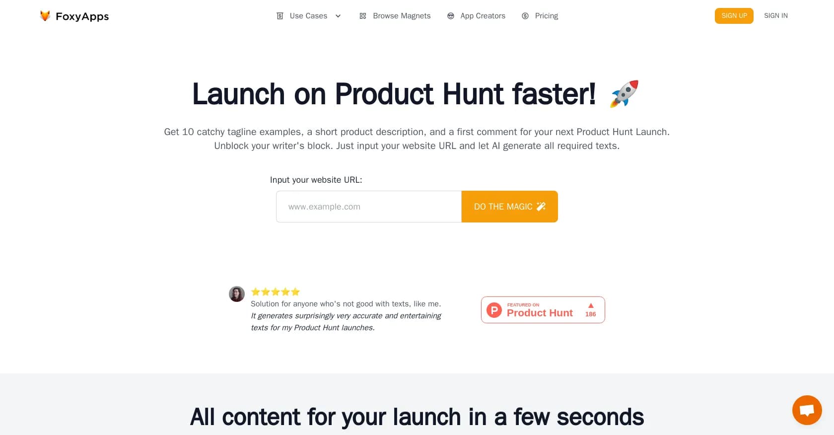 Product hunt launcher homepage screenshot — AI-powered Product Hunt launch copy generator