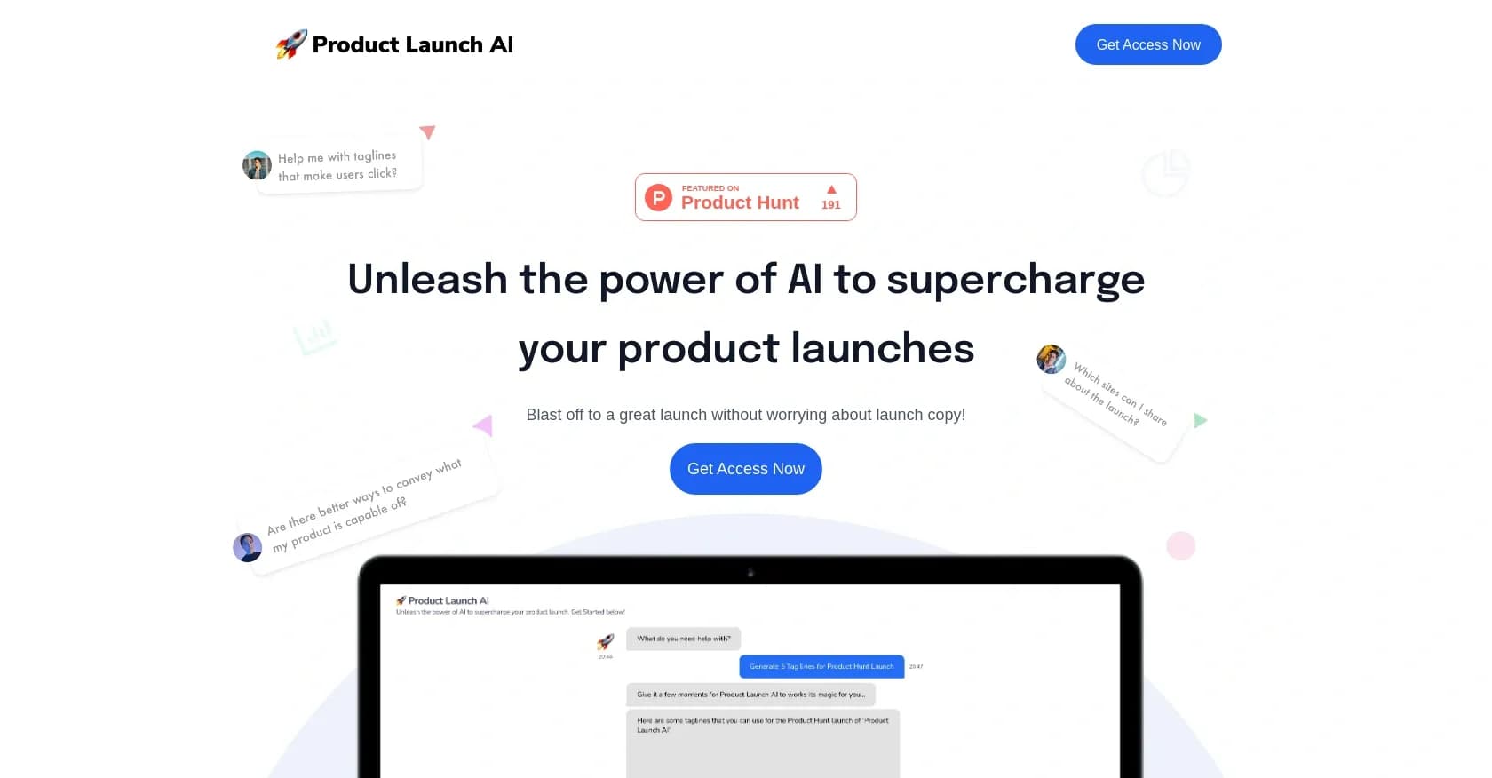 Product Launch AI homepage screenshot — AI-powered copywriting for product launches