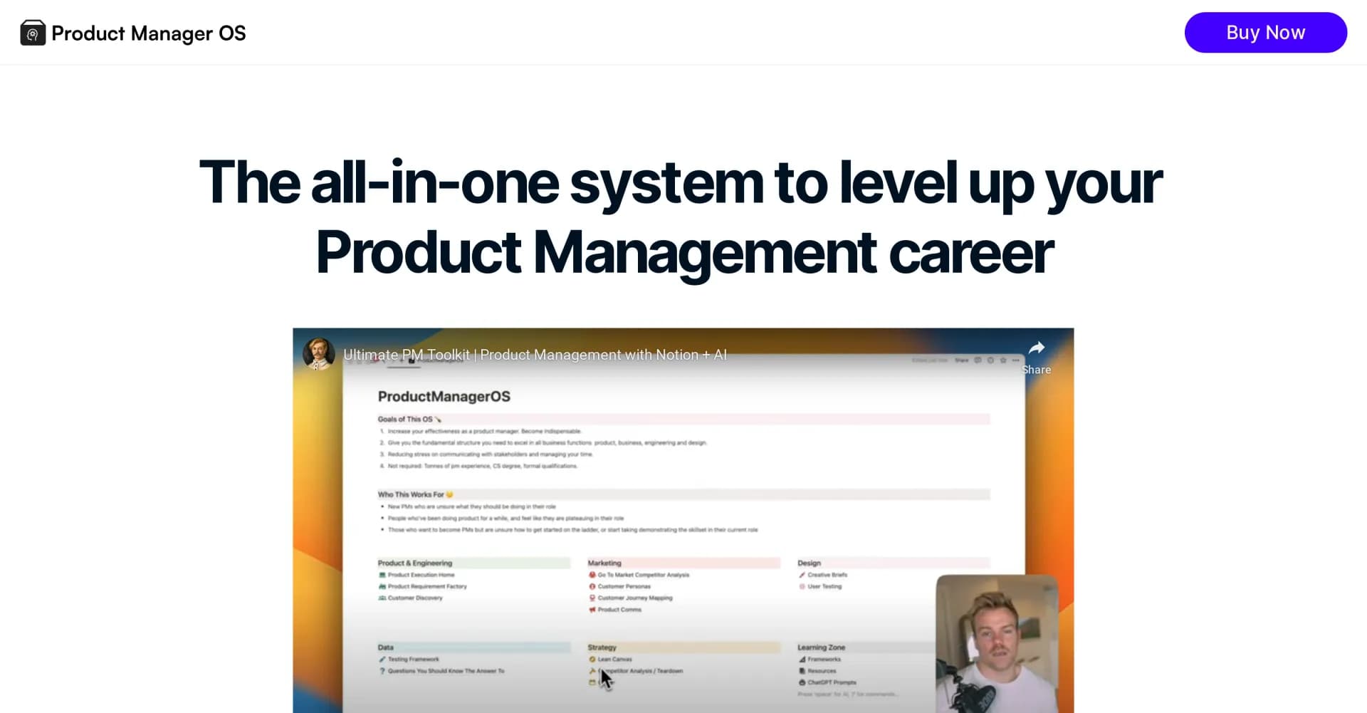 Product Manager OS homepage screenshot — Elevate your product management career in one click.