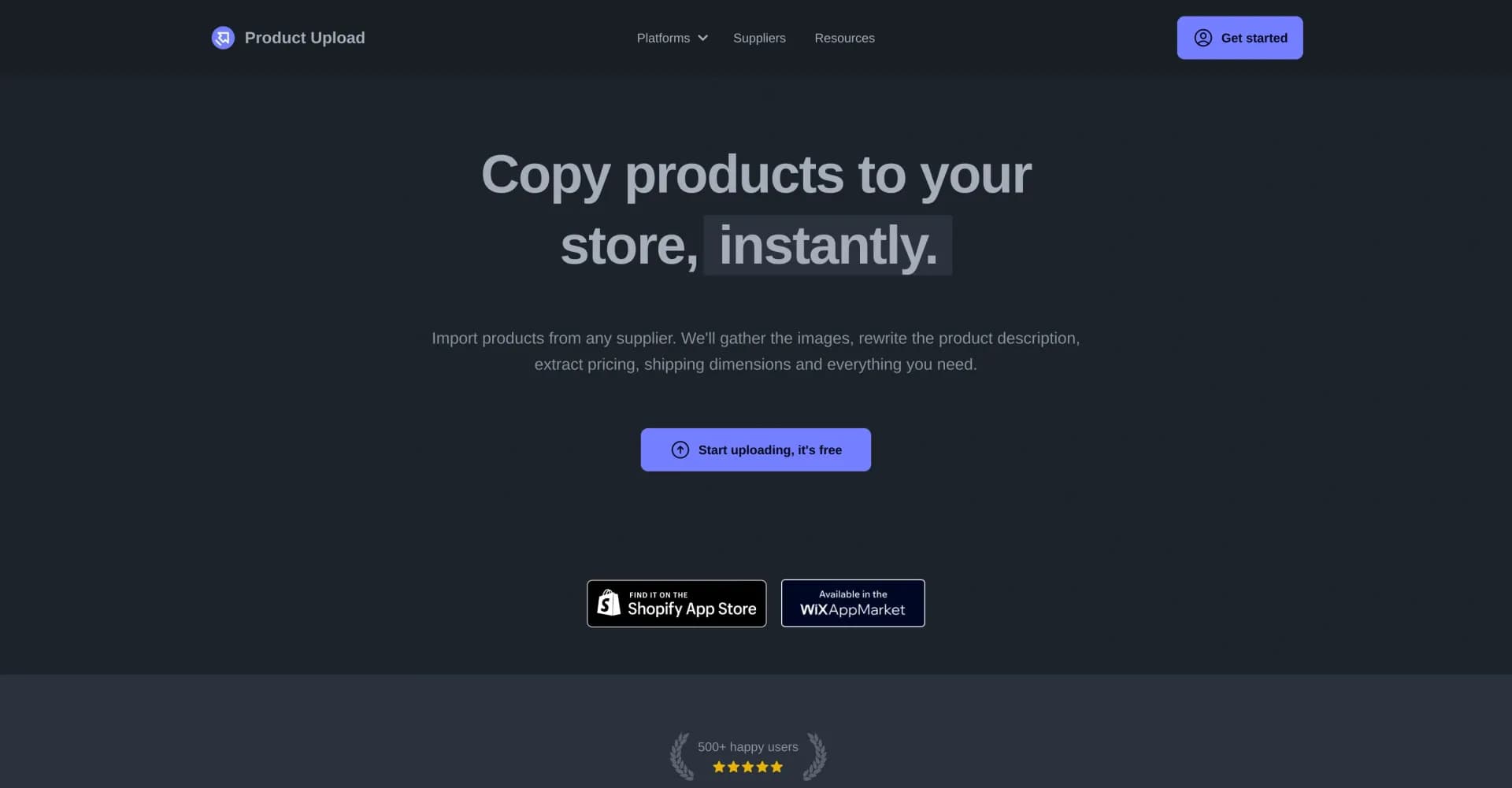 Product Upload homepage screenshot — Copy products to your store, instantly.