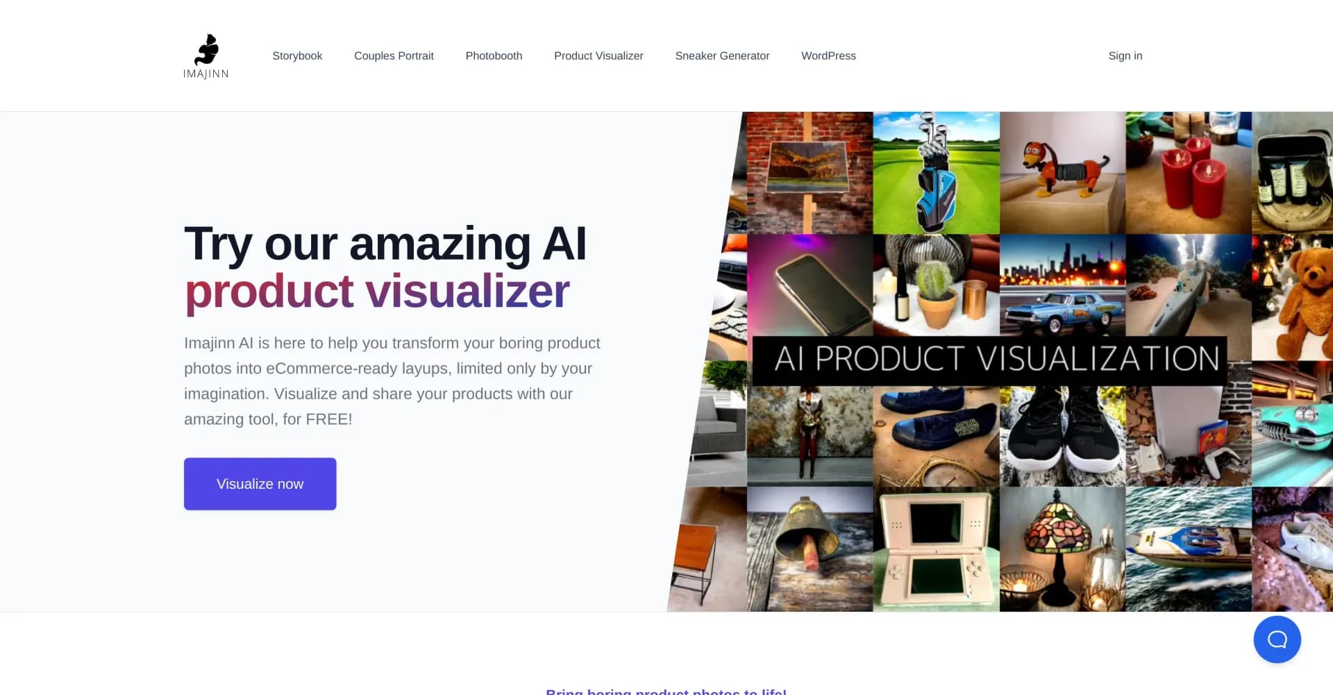 Product-visualizer homepage screenshot — Transform boring product photos into stunning visuals with A