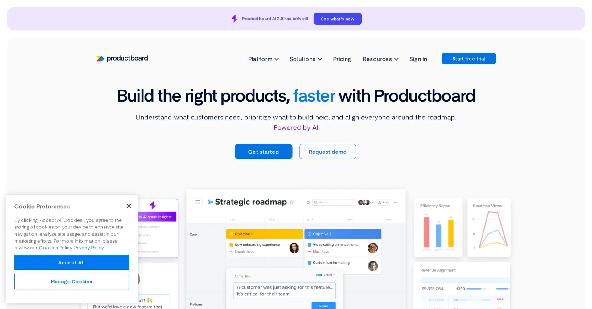 Productboard homepage screenshot — Align priorities and build with confidence