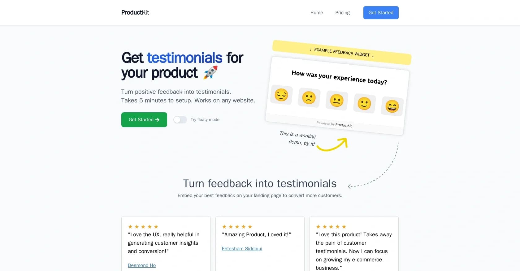 ProductKit homepage screenshot — Convert better with testimonials