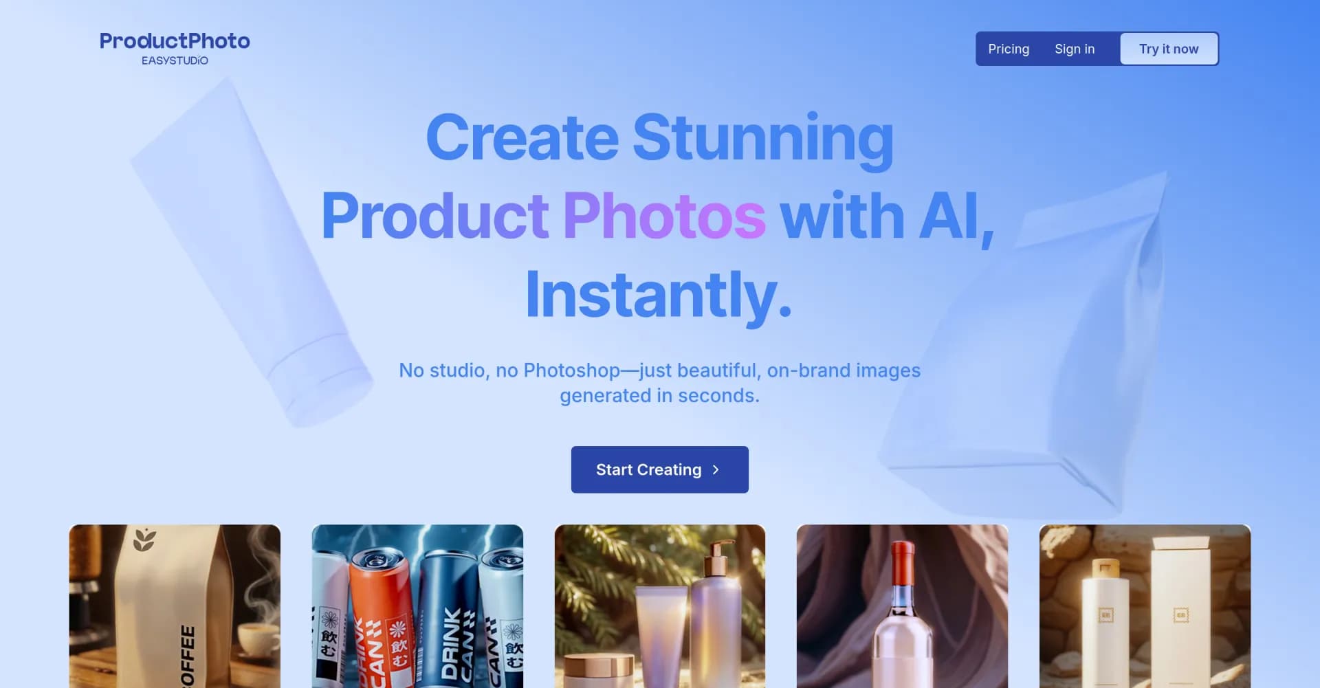 ProductPhoto homepage screenshot — Create stunning product photos with AI, instantly.
