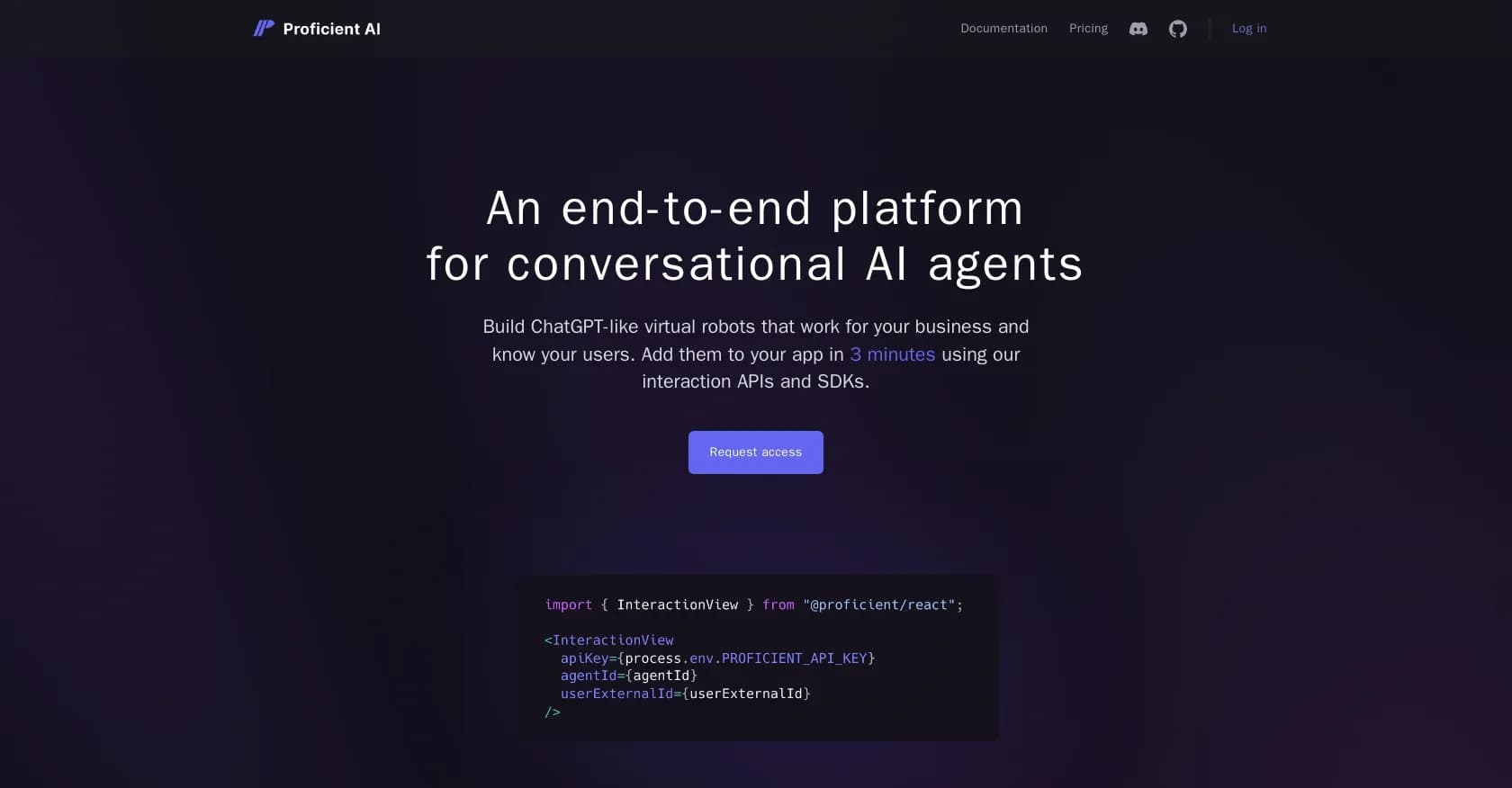 Proficientai homepage screenshot — Build custom ChatGPT-like agents for your business