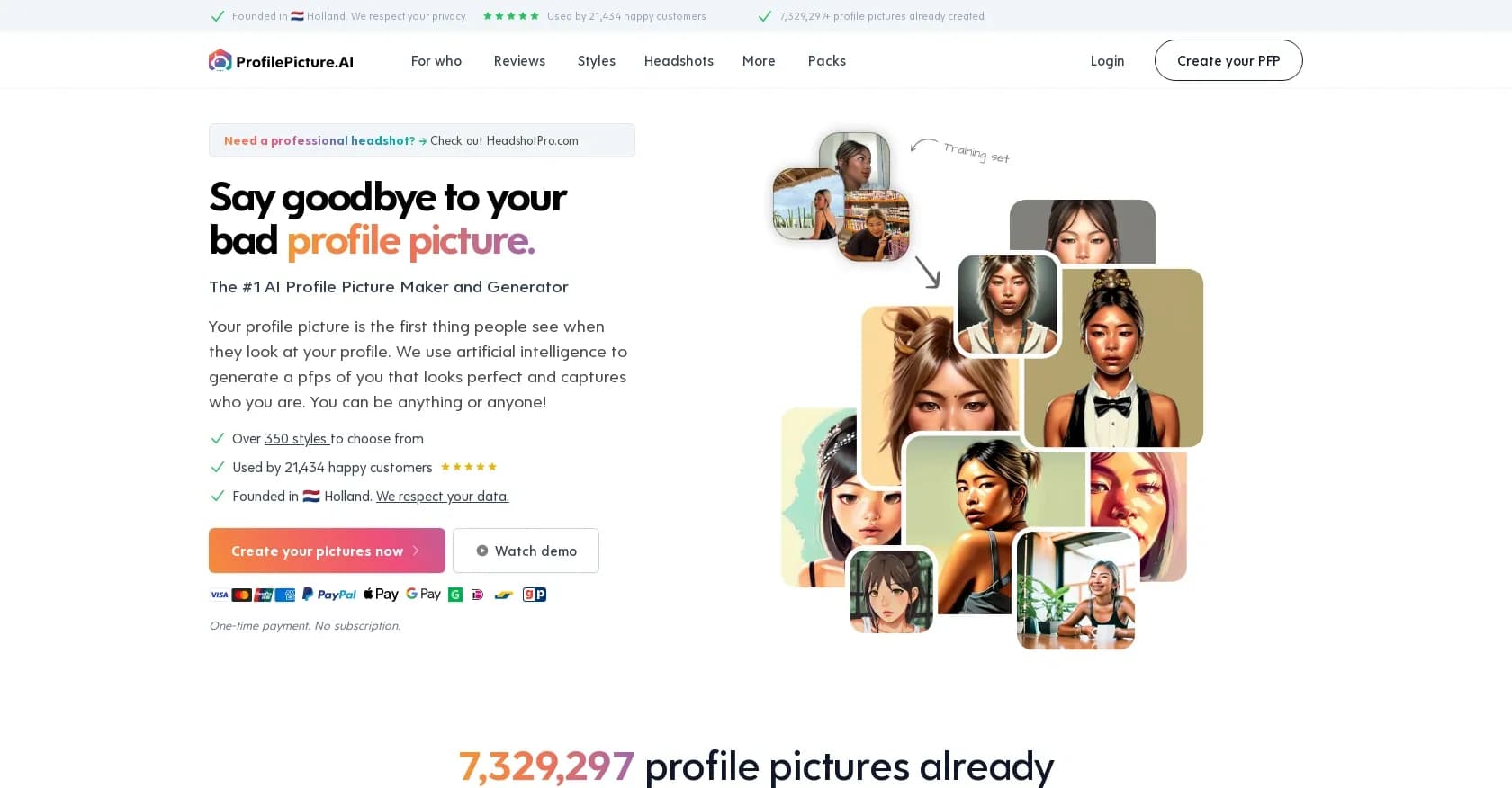 ProfilePicture.ai homepage screenshot — Generate perfect AI profile pictures that capture you.
