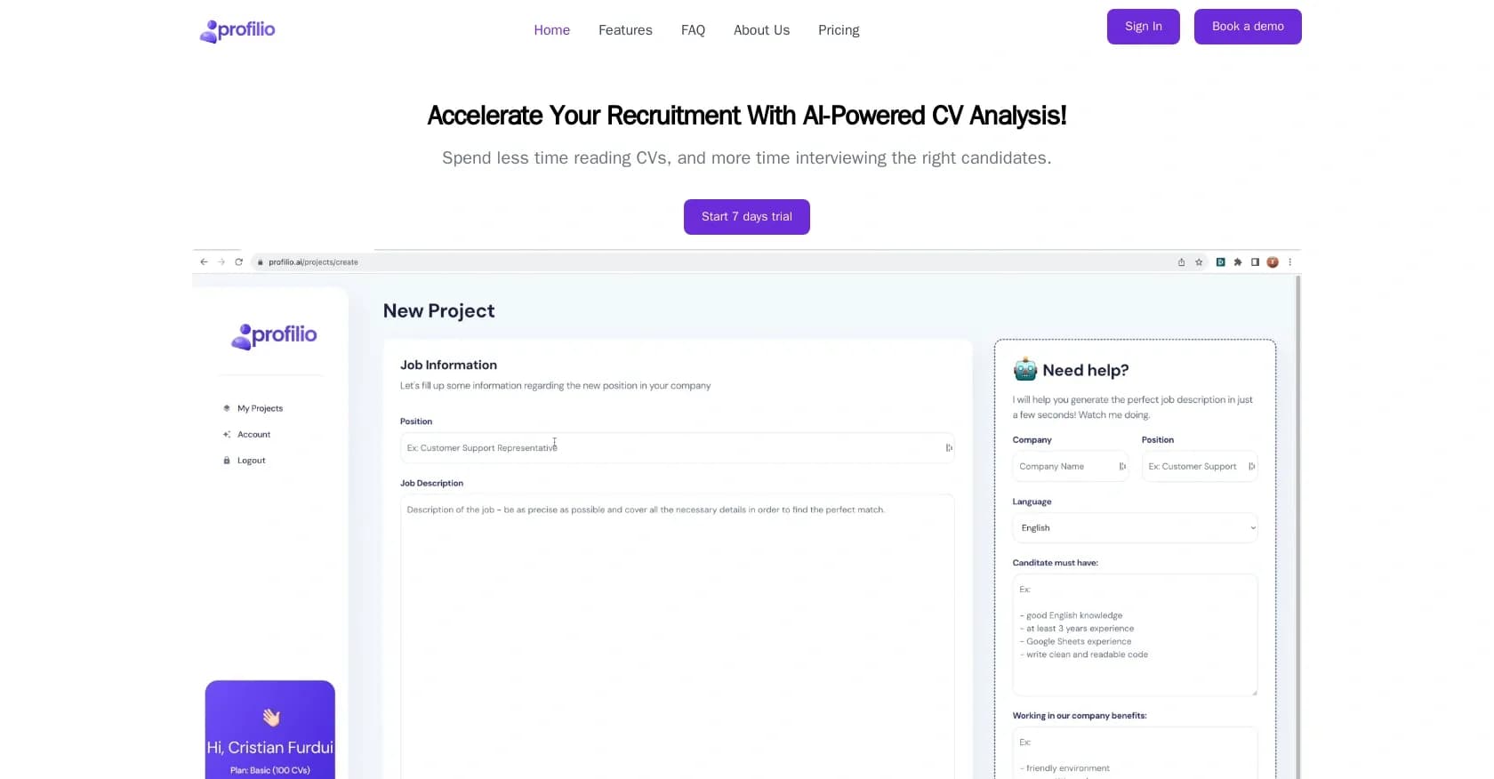 Profilio homepage screenshot — Accelerate recruitment with AI-powered CV analysis