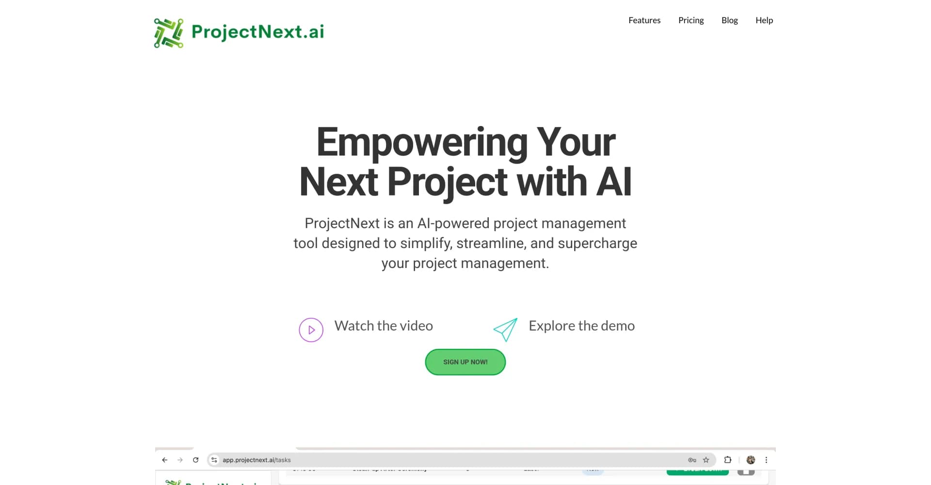 ProjectNext homepage screenshot — AI-powered project management that simplifies and supercharg