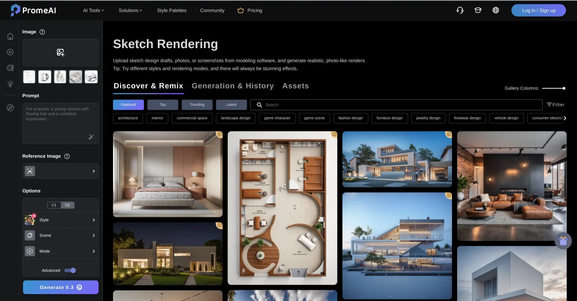 PromeAI homepage screenshot — Transform images into stunning sketch renderings.
