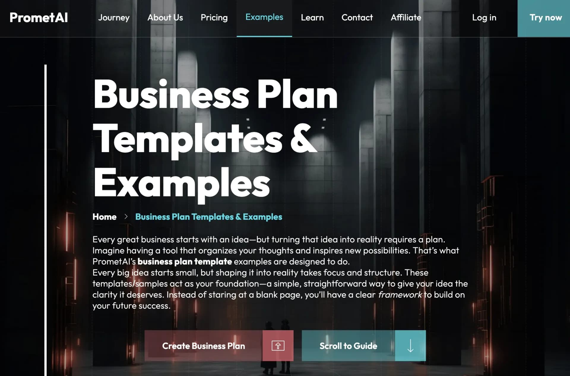 PrometAIv5.1.0 homepage screenshot — Turn ideas into viable reality with AI business plan generat