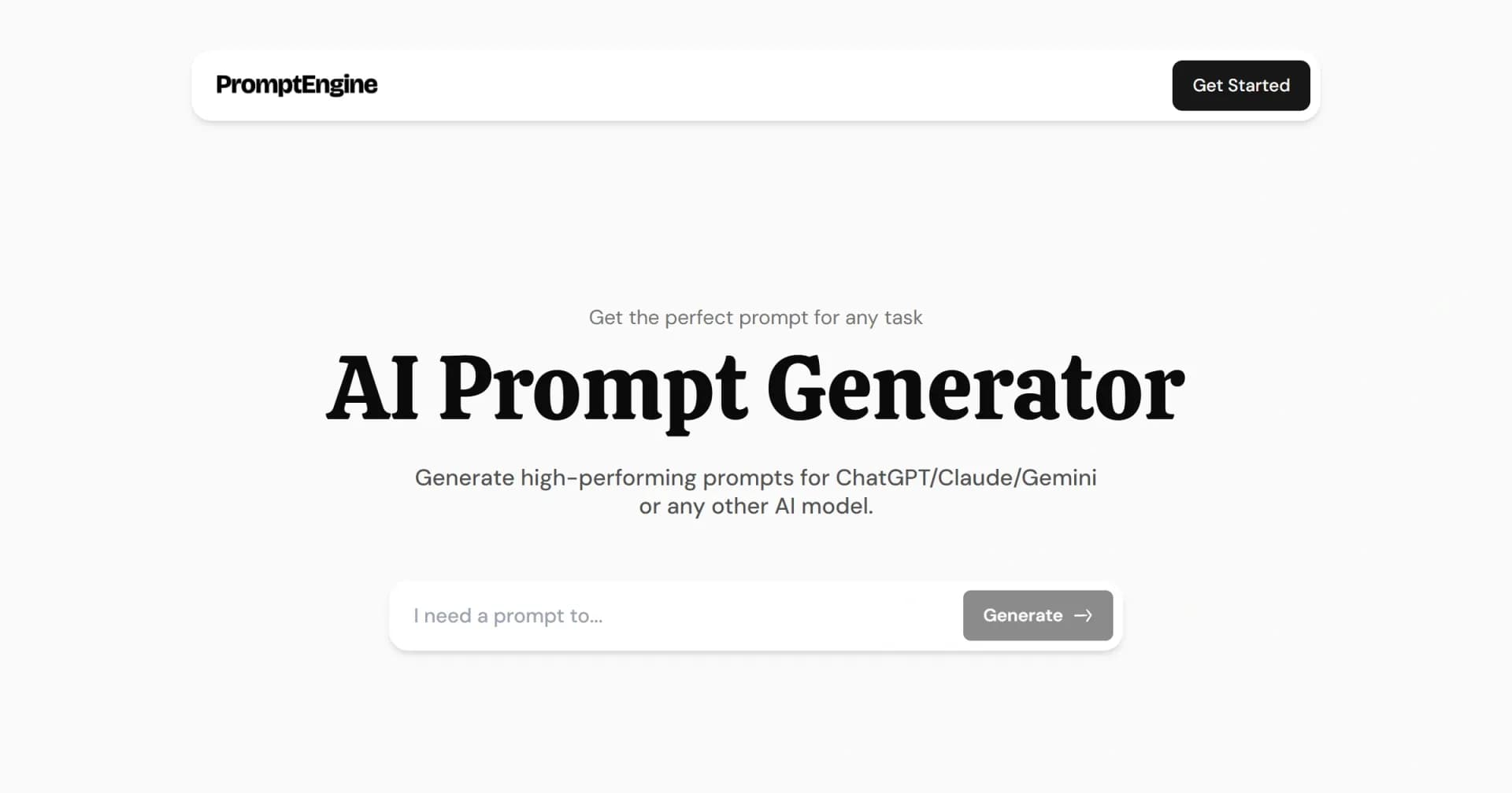 Prompt Engine homepage screenshot — Get the perfect prompt for any AI task
