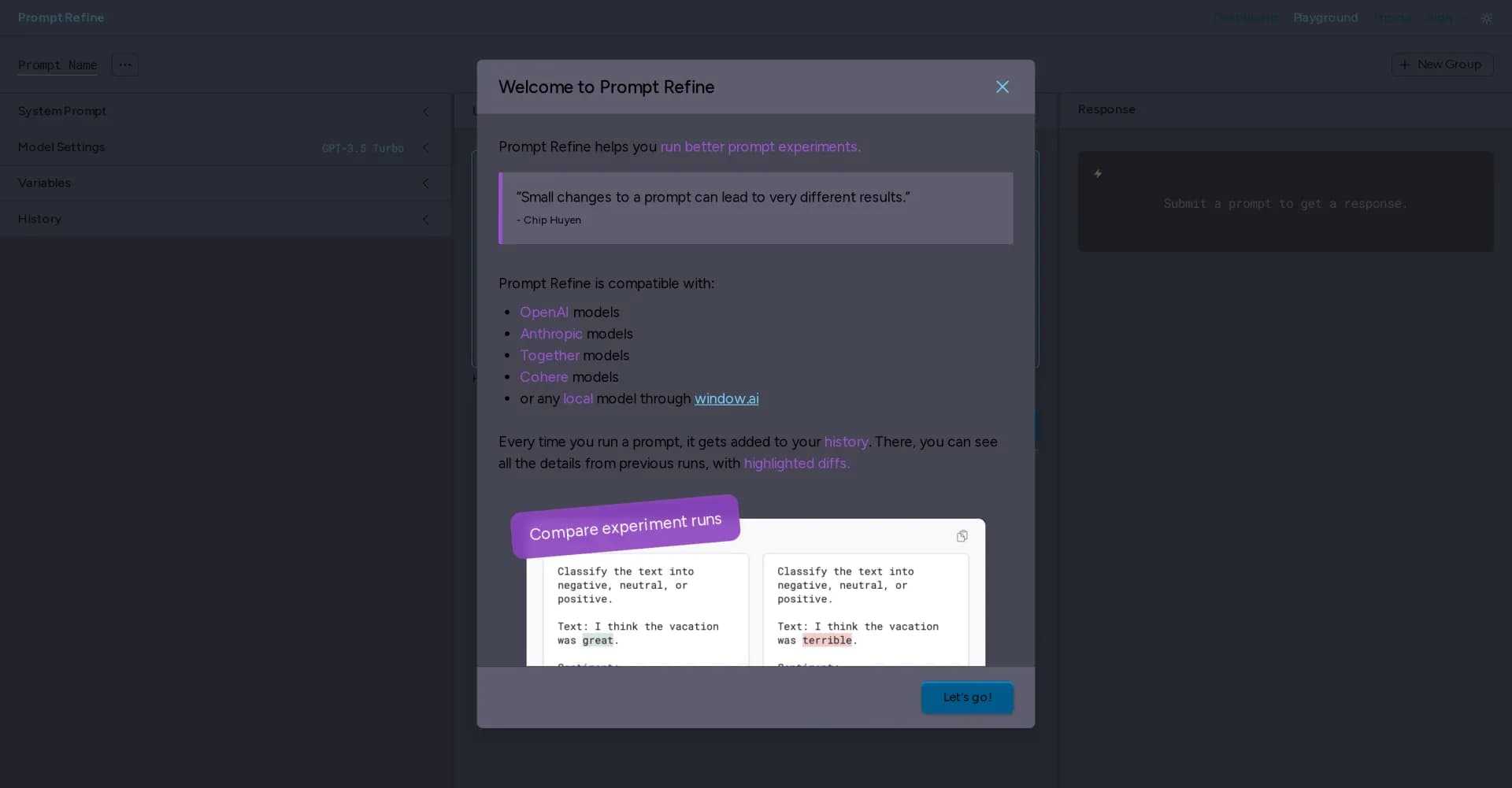Prompt Refine homepage screenshot — Improve your LLM prompts methodically.