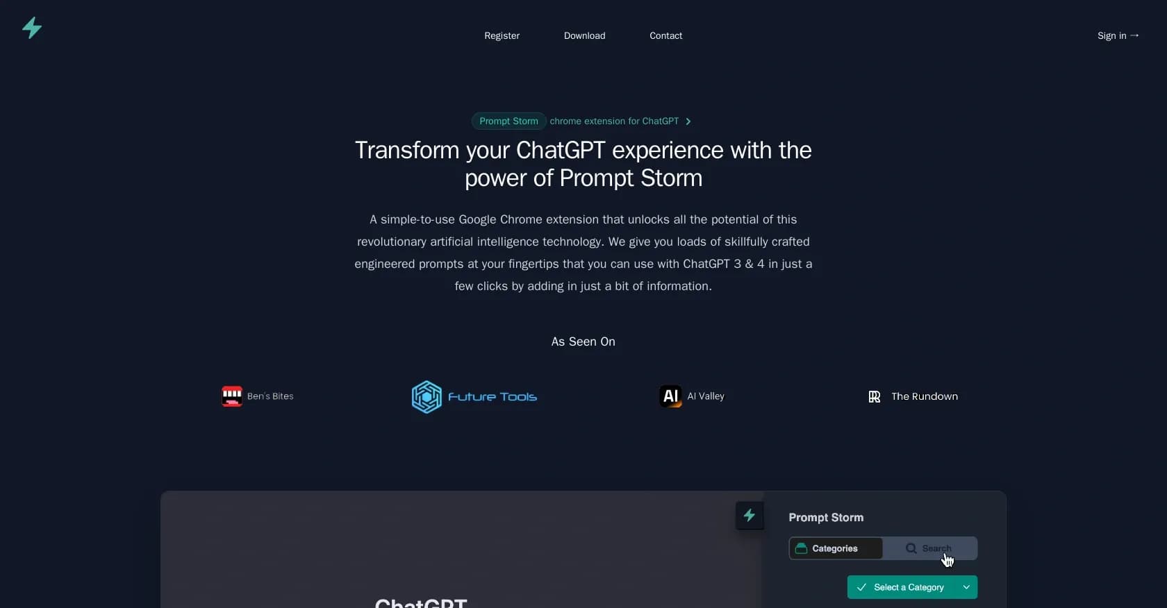 Prompt Storm homepage screenshot — Supercharge ChatGPT with expert prompts at your fingertips.