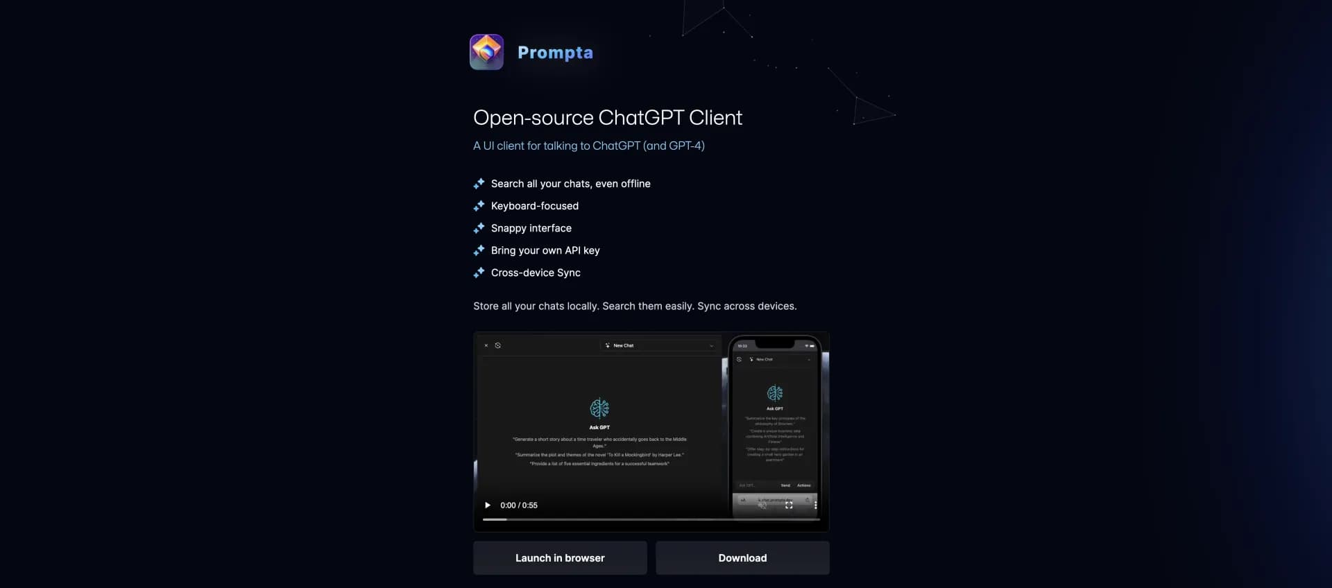 Prompta homepage screenshot — Unleash ChatGPT with local storage and cross-device sync.