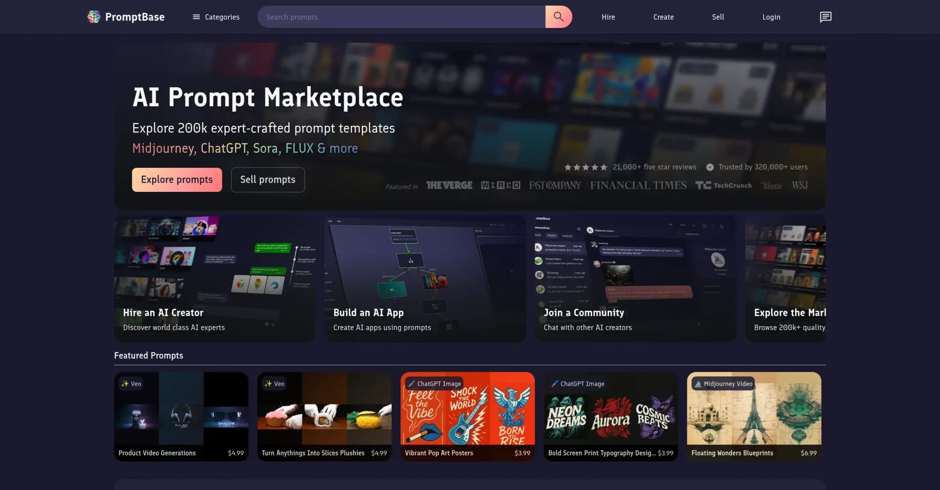 PromptBase homepage screenshot — AI prompt marketplace with 200k expert-crafted templates.