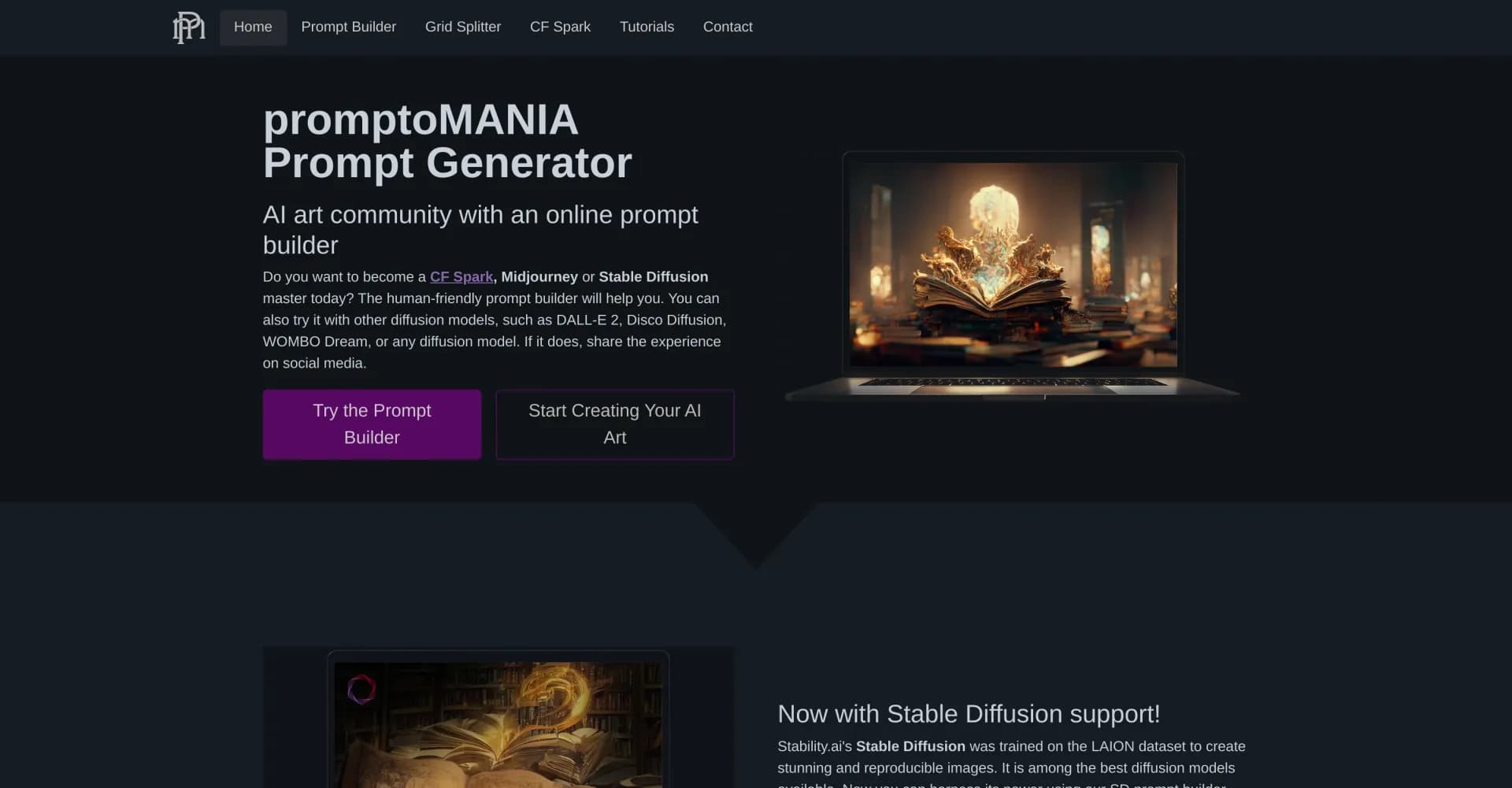 promptoMANIA homepage screenshot — Create amazing AI art prompts instantly