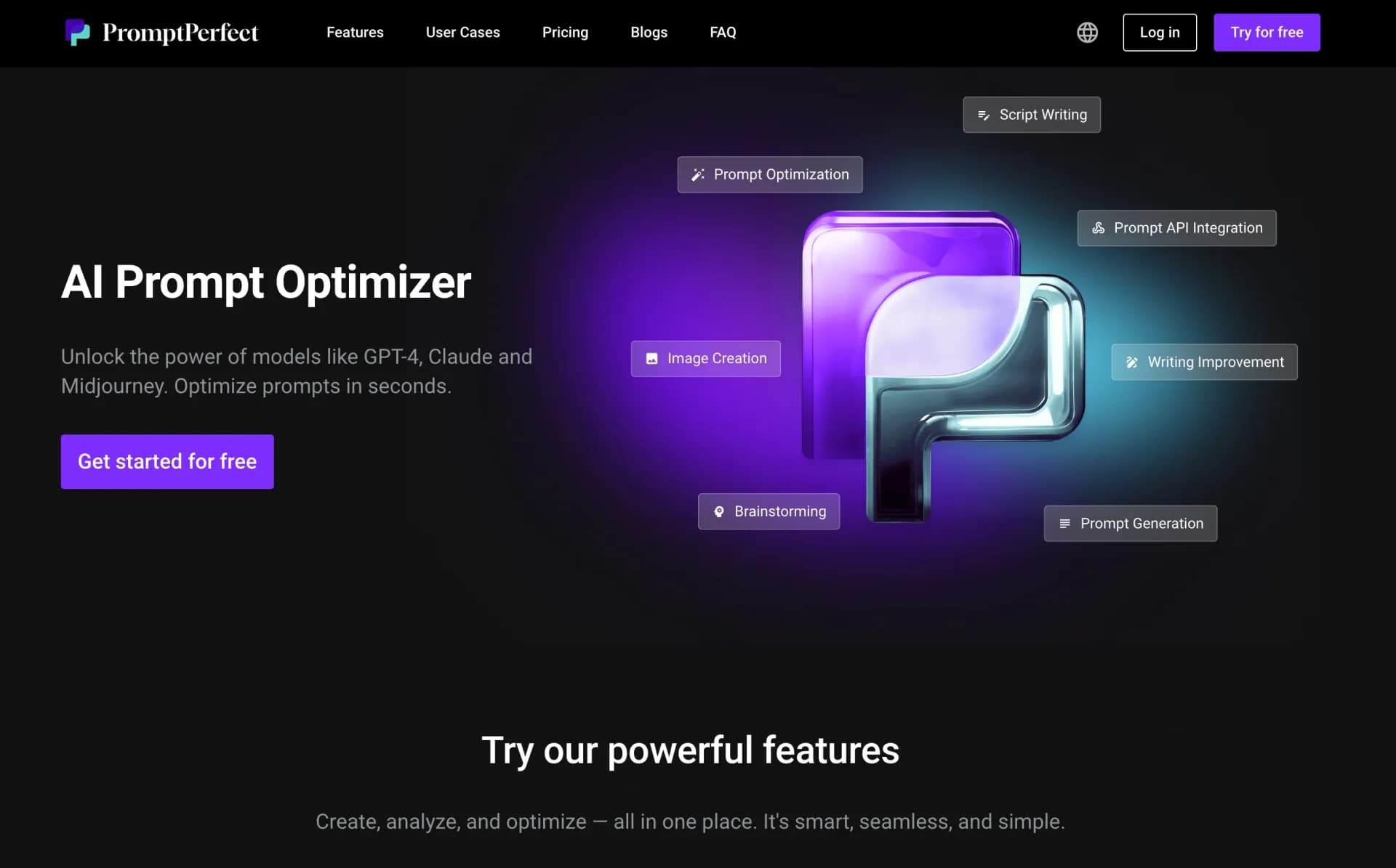 PromptPerfect homepage screenshot — AI Prompt Generator and Optimizer