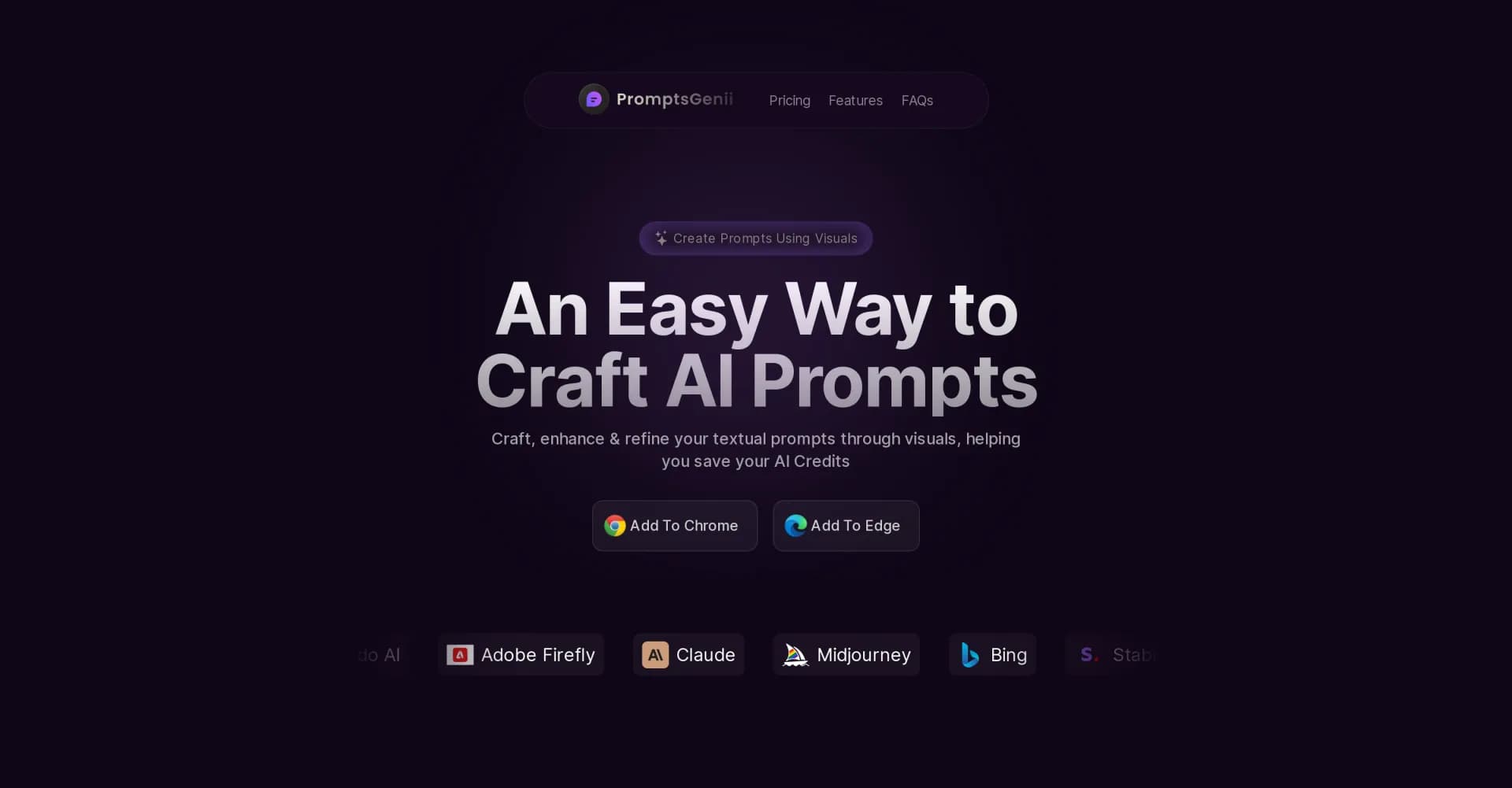 PromptsGenii homepage screenshot — Craft AI prompts visually to save credits