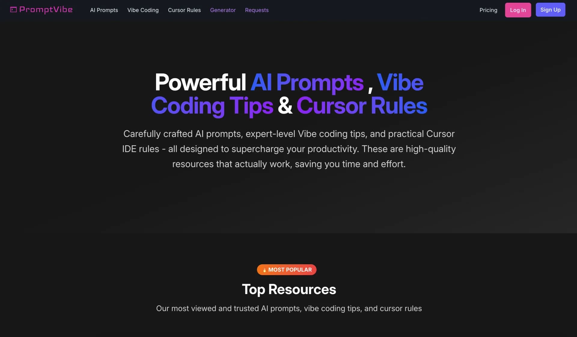 PromptVibe homepage screenshot — Supercharge productivity with AI prompts and coding tips