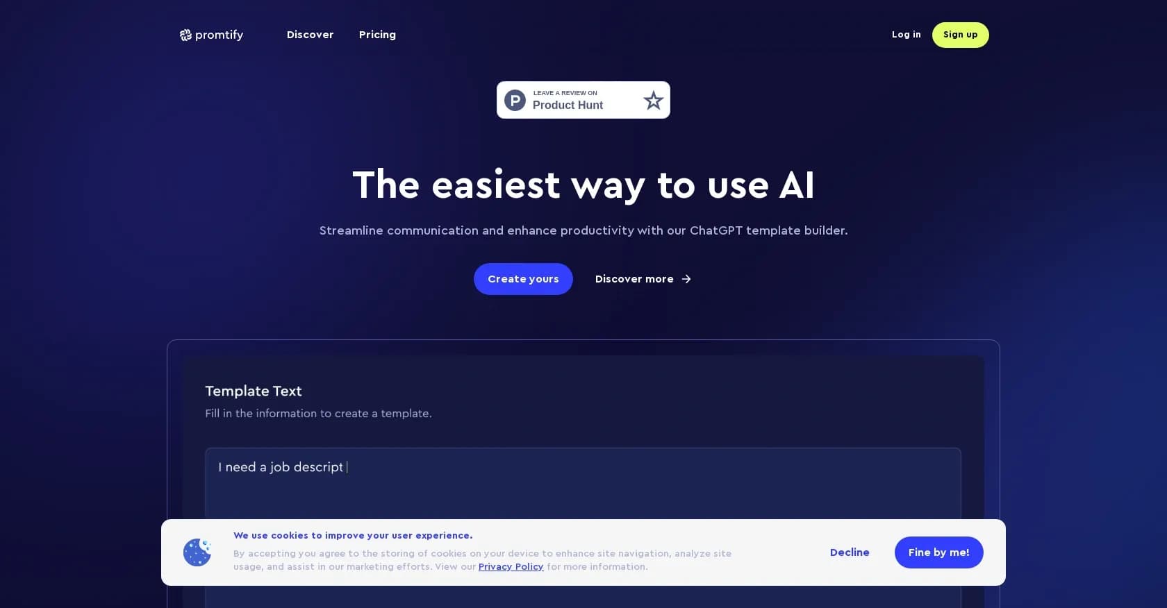 Promtify homepage screenshot — Streamline AI content creation with our ChatGPT template bui
