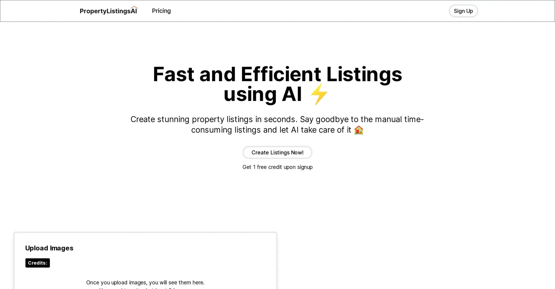 Property Listings AI homepage screenshot — Create stunning property listings in seconds with AI.