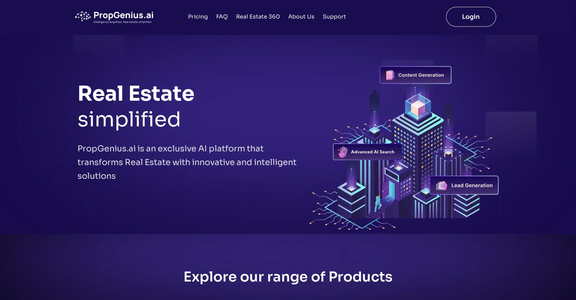 PropGenius homepage screenshot — Transform real estate with AI-powered solutions