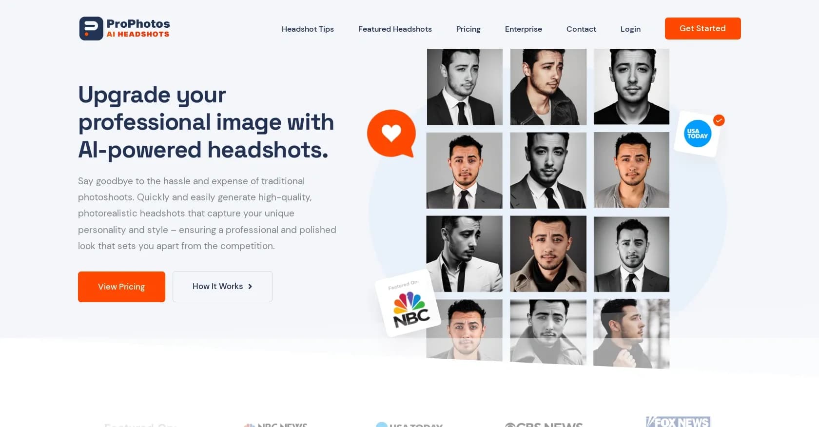 ProPhotos homepage screenshot — AI-powered headshots to upgrade your professional image.