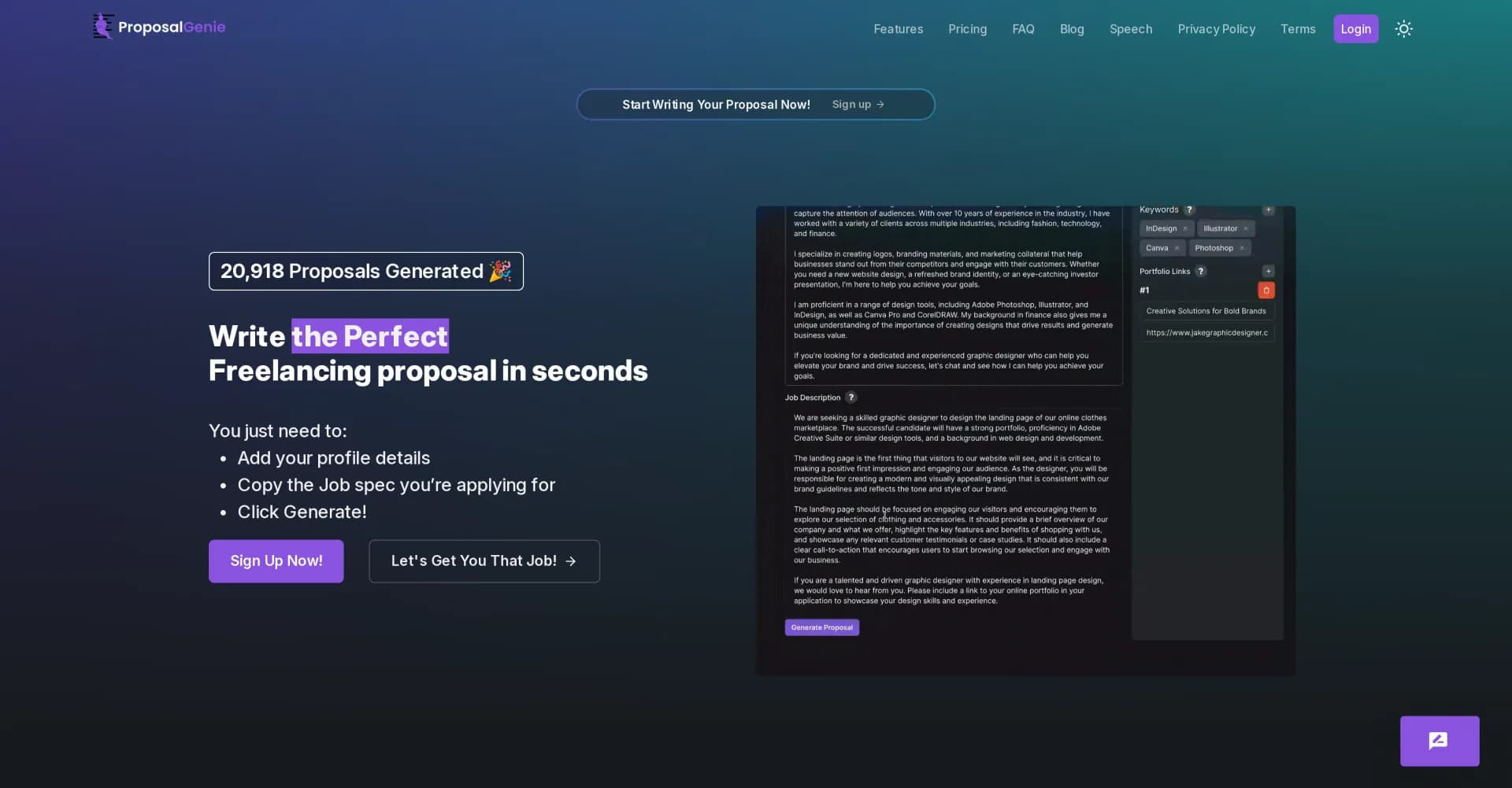 Proposal Genie homepage screenshot — Write perfect freelance proposals in seconds