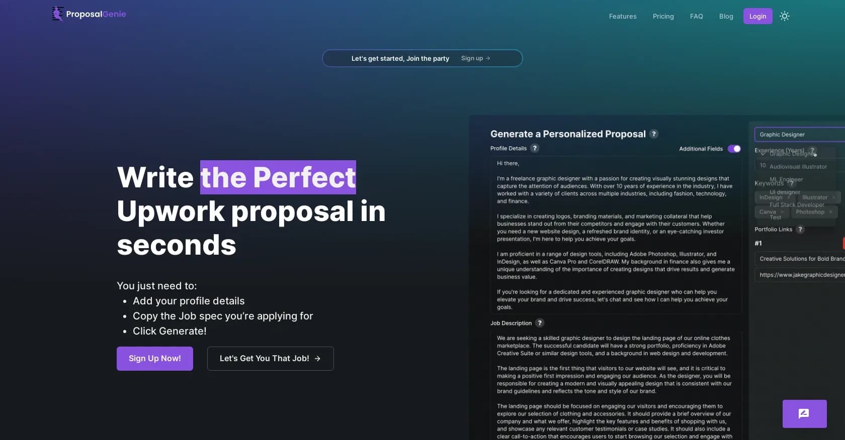 Proposalgenie homepage screenshot — Write perfect Upwork proposals in seconds
