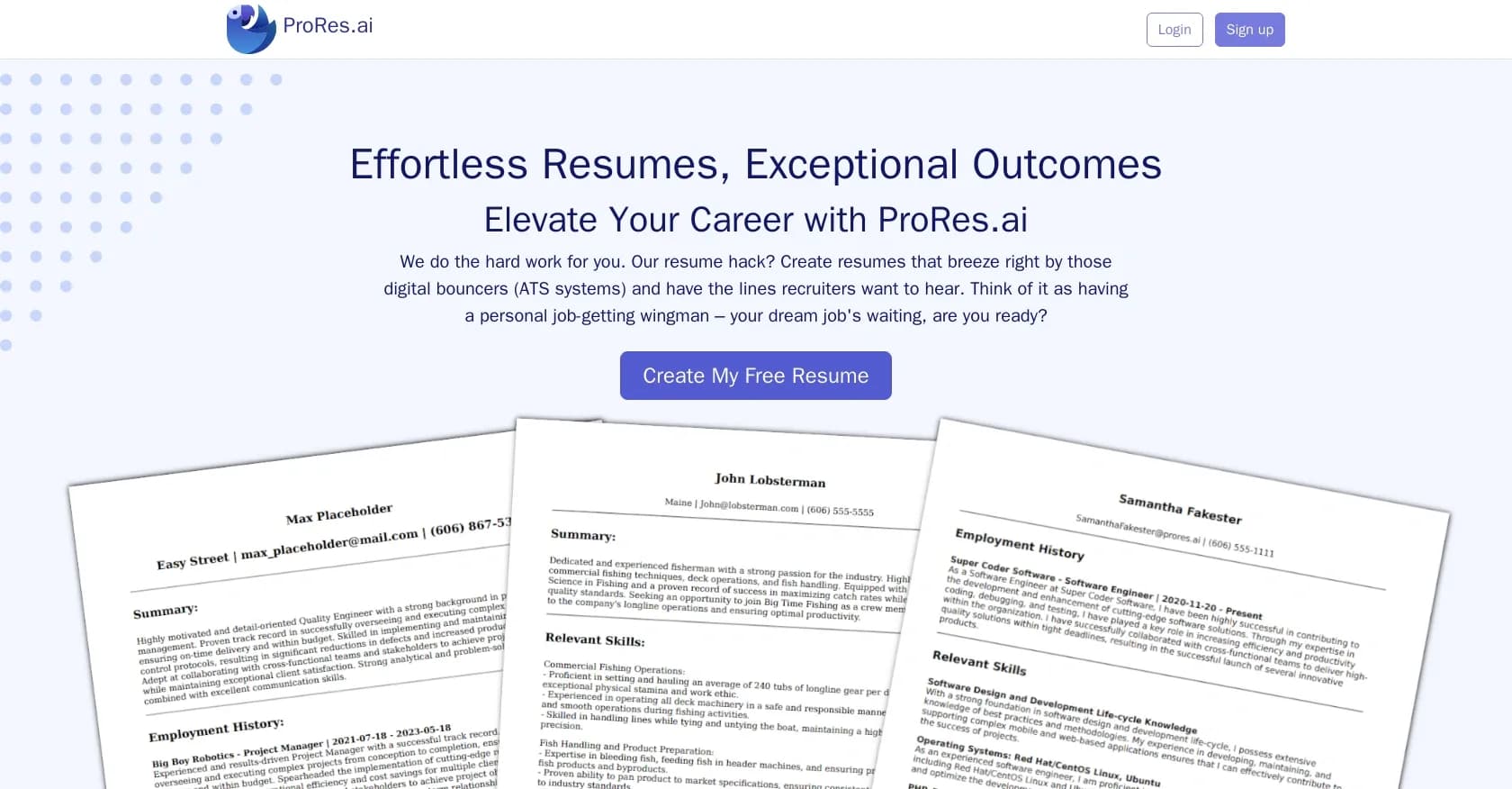 ProRes homepage screenshot — Effortless resumes, exceptional outcomes