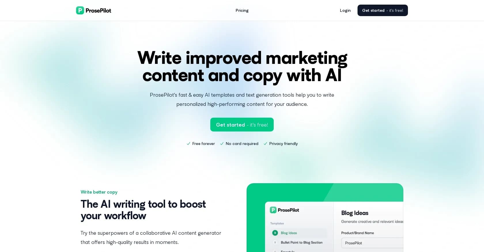ProsePilot homepage screenshot — AI-powered marketing content that converts
