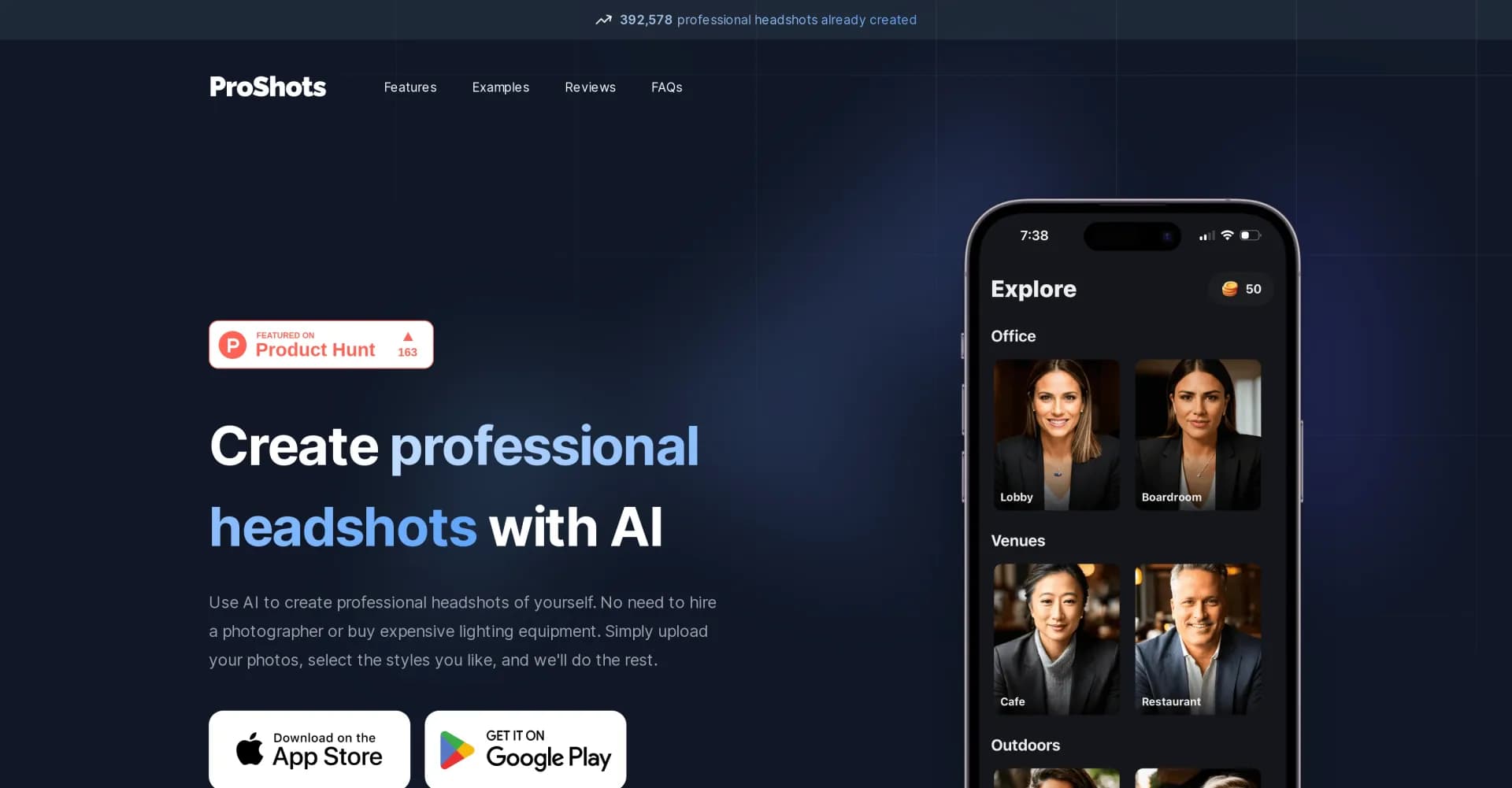 ProShots homepage screenshot — Create professional AI headshots in seconds.