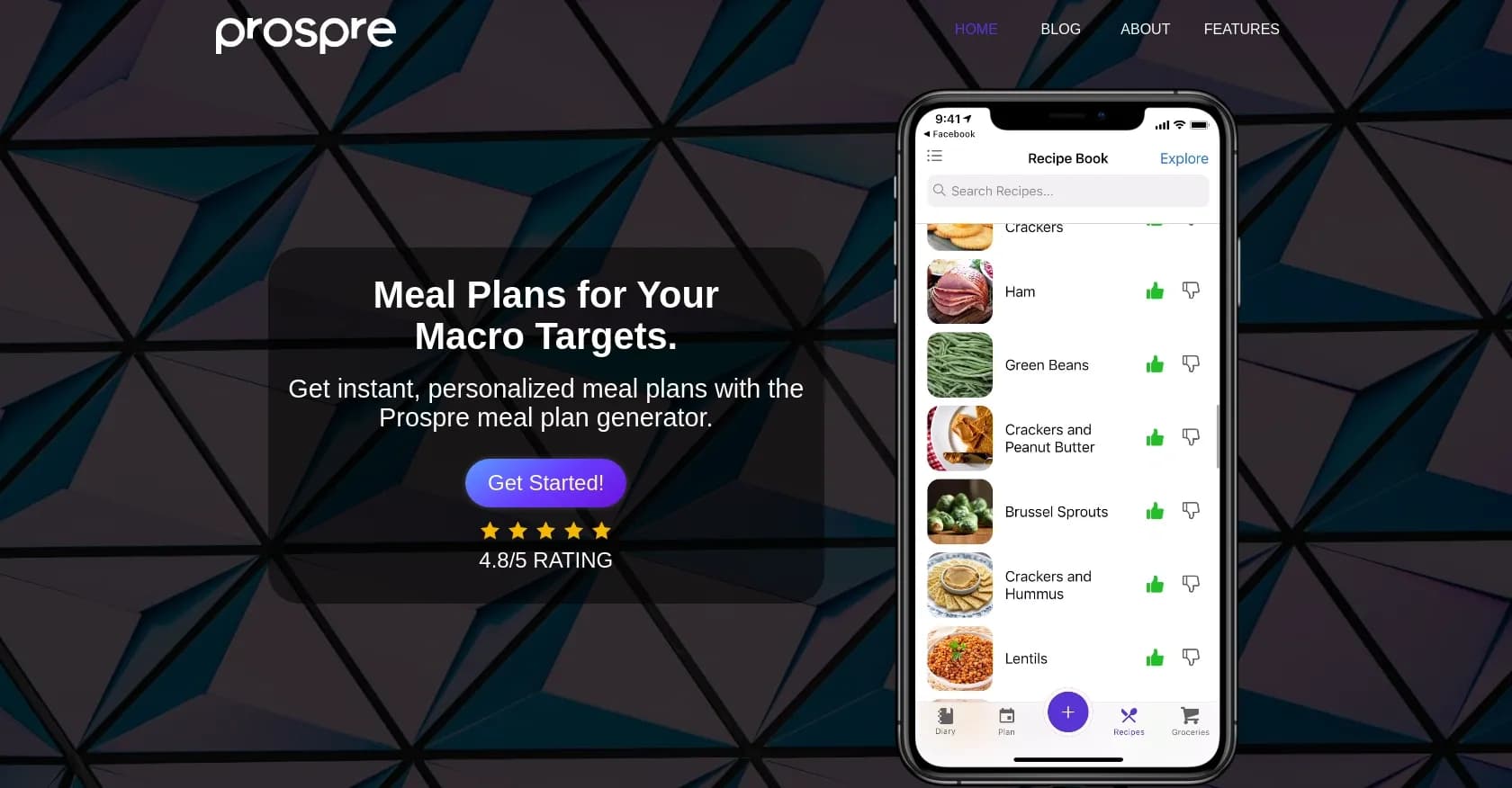 Prospre homepage screenshot — Instant, personalized meal plans for your fitness goals.