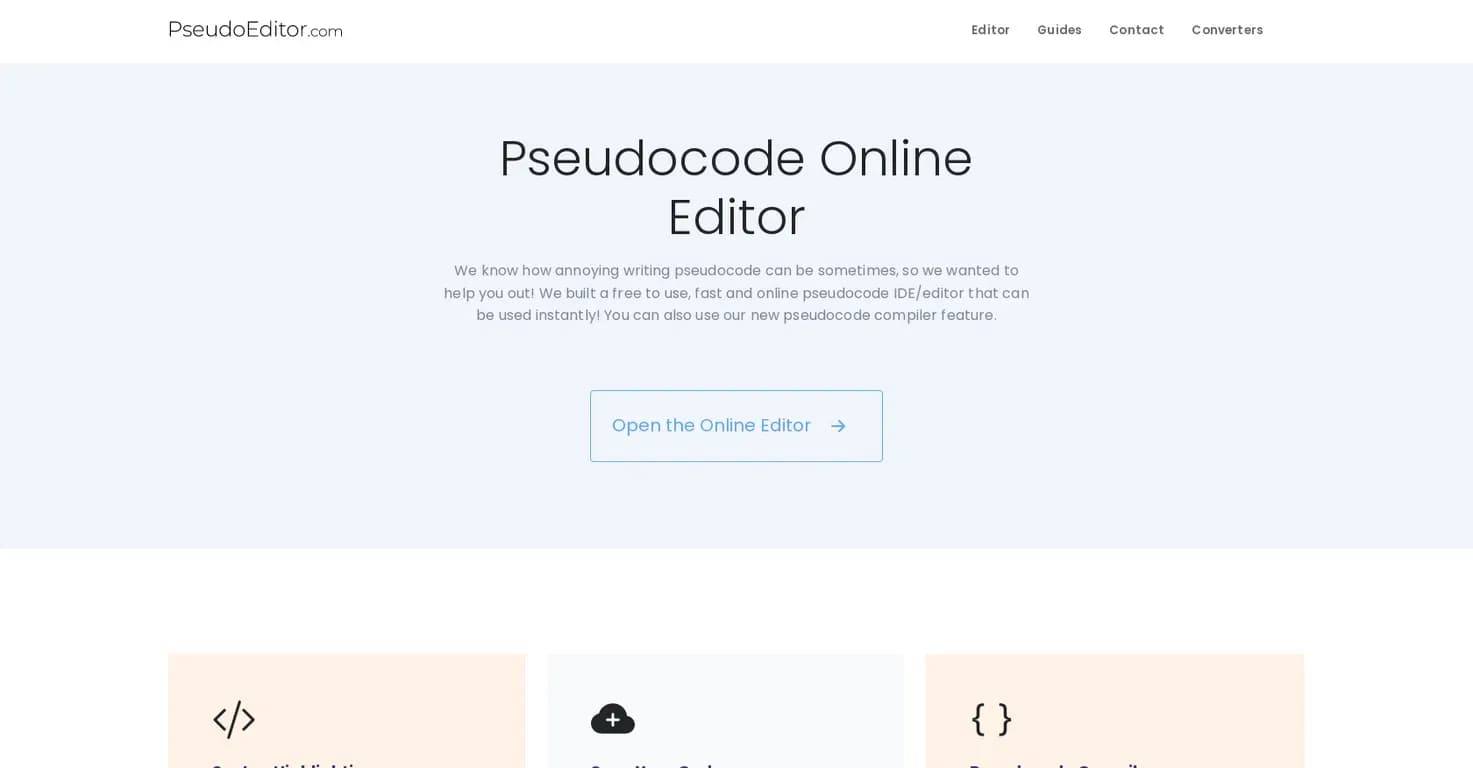 PseudoEditor homepage screenshot — Write and compile pseudocode instantly online.
