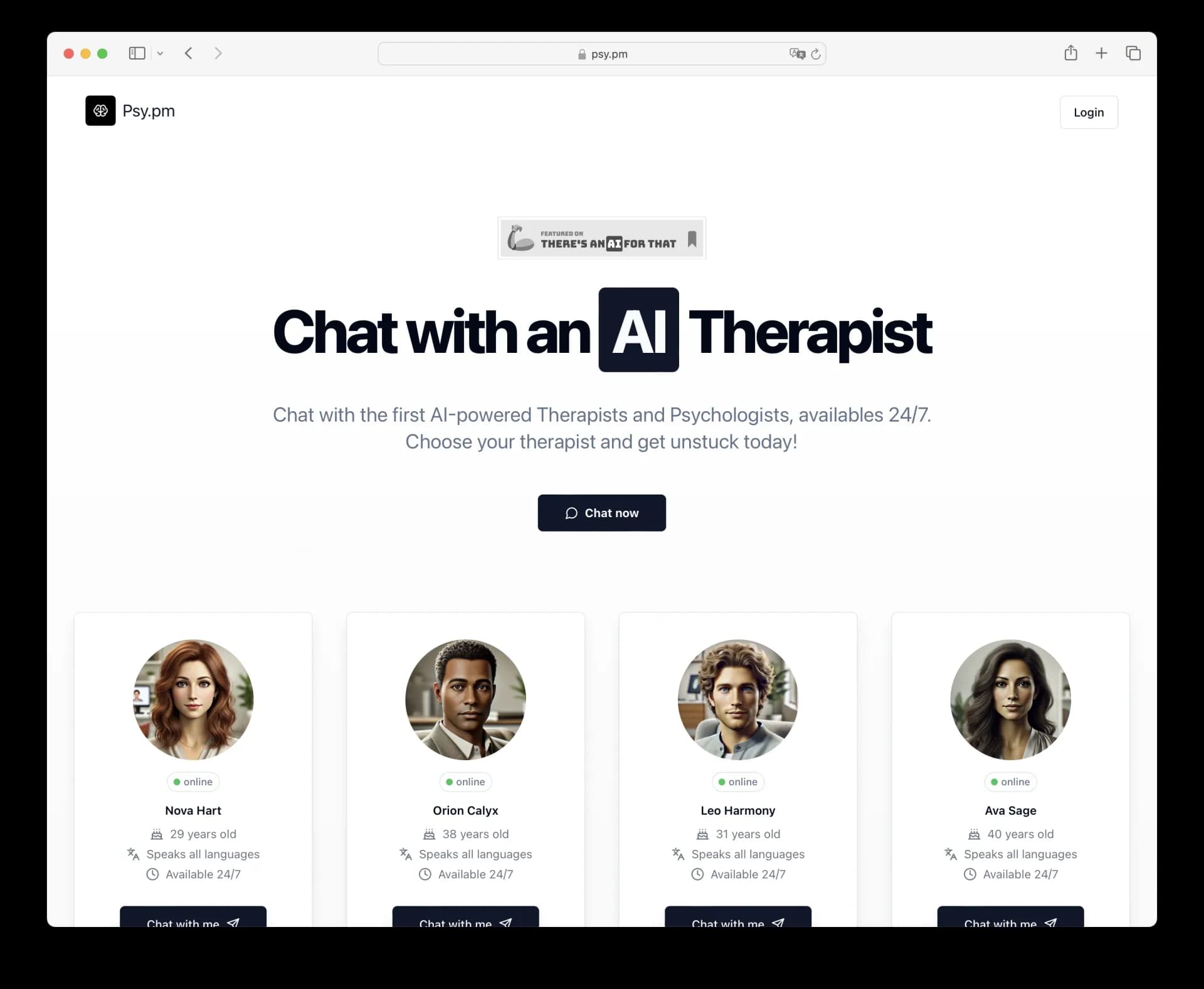 PSY - AI Therapists homepage screenshot — Chat 24/7 with AI therapists for instant mental health suppo