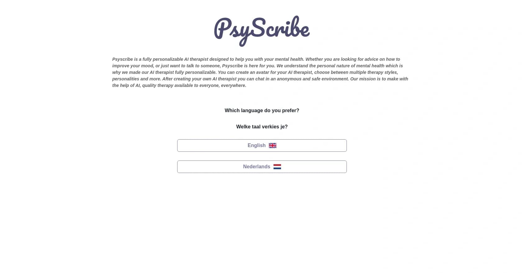 PsyScribe homepage screenshot — Your personalized AI therapist for mental health support.