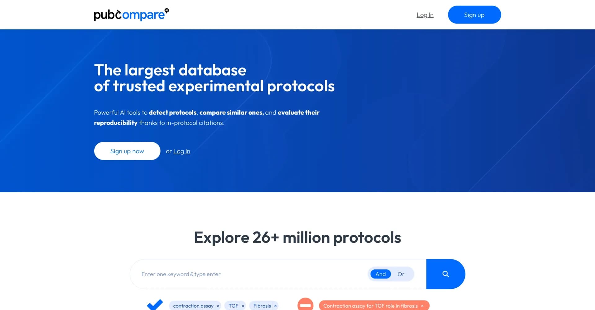 Pubcompare homepage screenshot — AI-powered protocol comparison for scientific reproducibilit