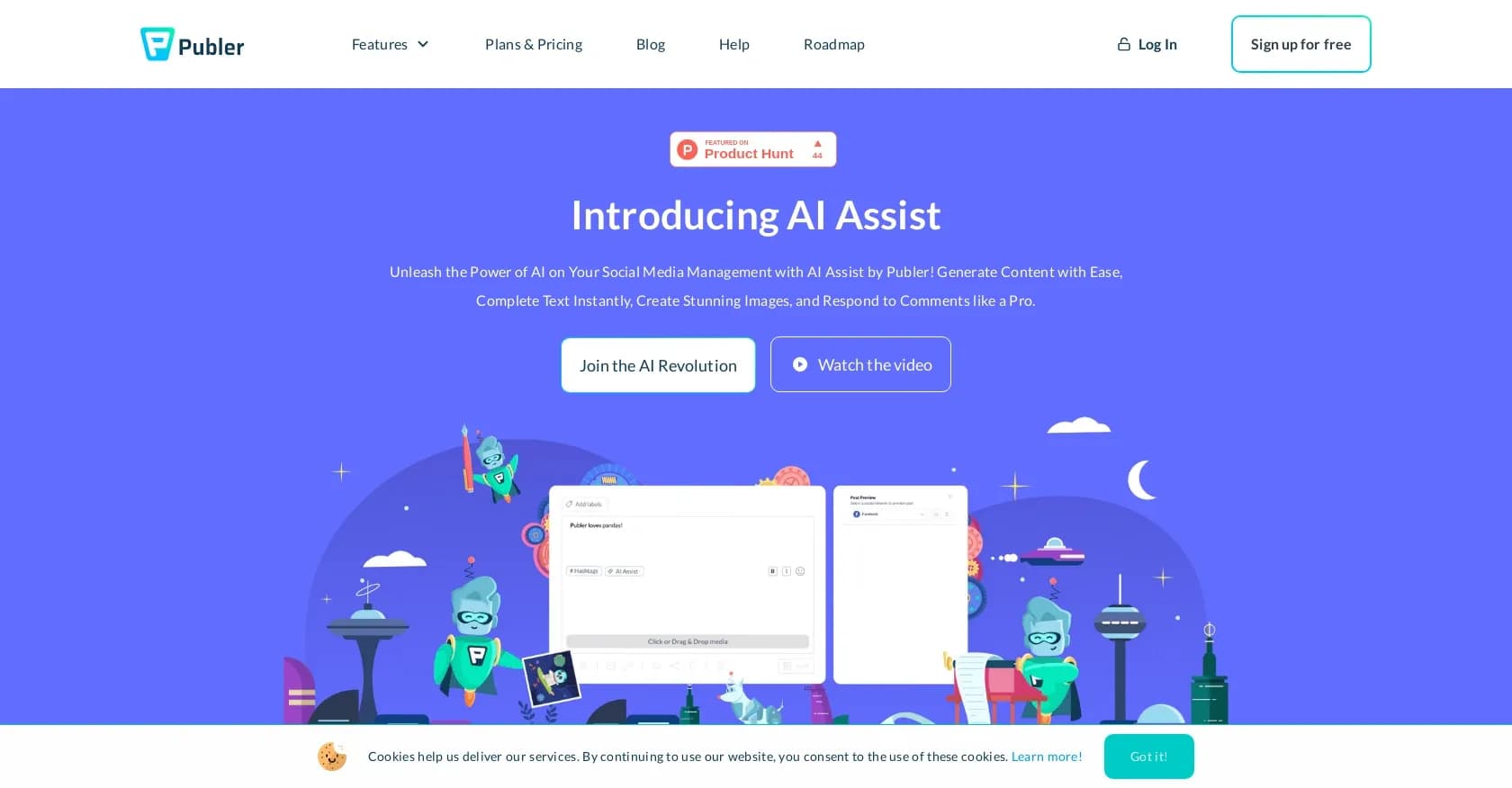 Publer AI homepage screenshot — AI-powered social media content creation and management