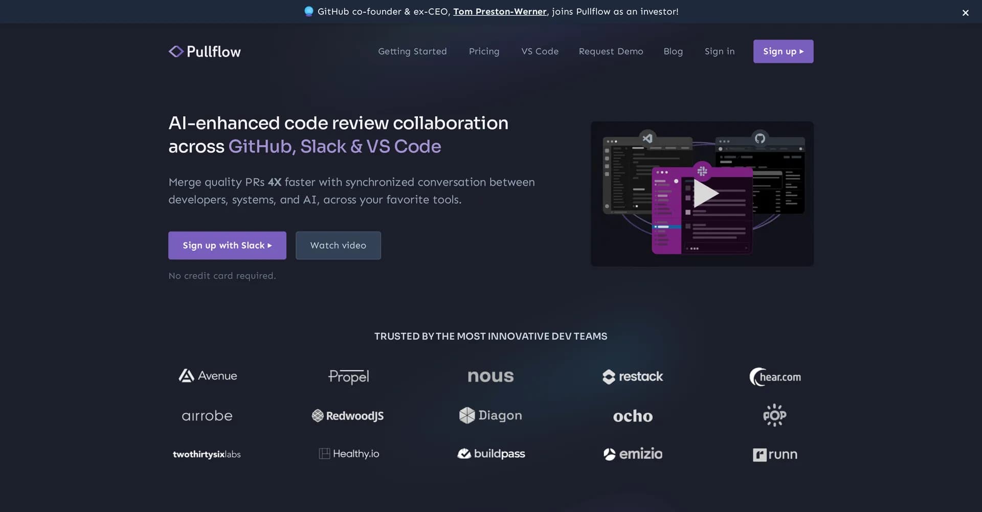 Pullflow homepage screenshot — Merge quality PRs 4X faster across platforms.