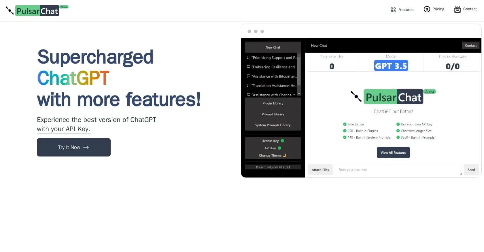 PulsarChat homepage screenshot — Supercharge ChatGPT with powerful features