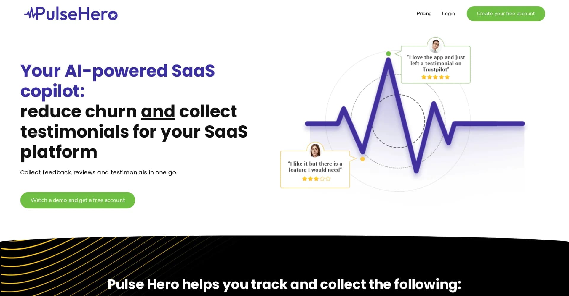 Pulse Hero homepage screenshot — AI-powered SaaS copilot to reduce churn and boost testimonia