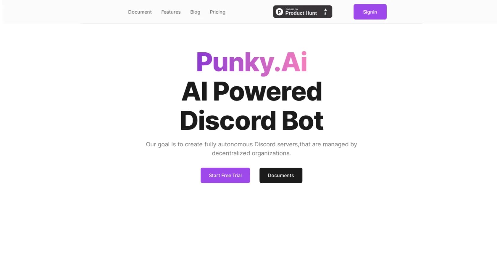 PunkyAI homepage screenshot — Create autonomous Discord servers with AI