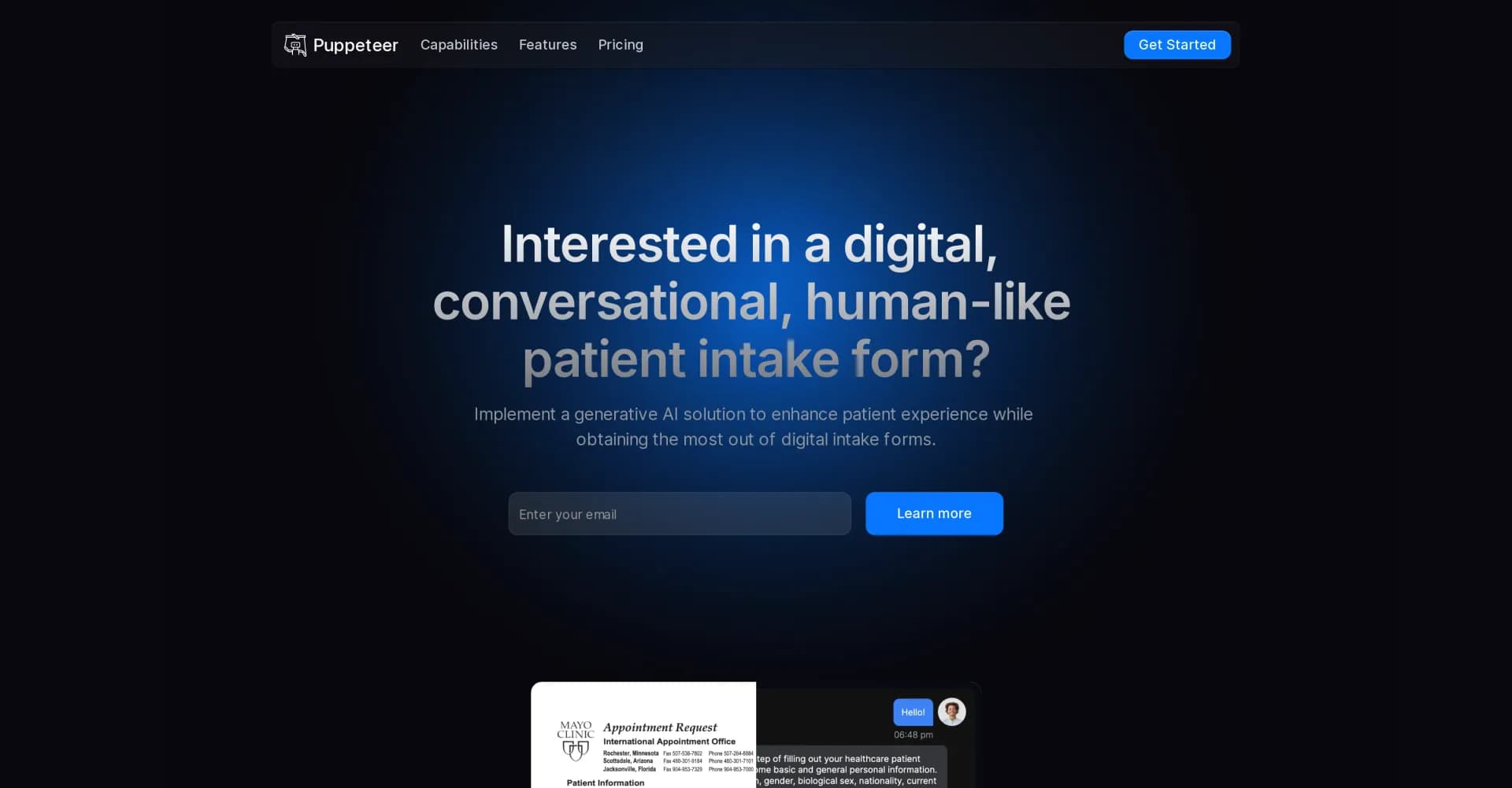 Puppeteer AI homepage screenshot — AI-powered patient intake for smoother healthcare onboarding